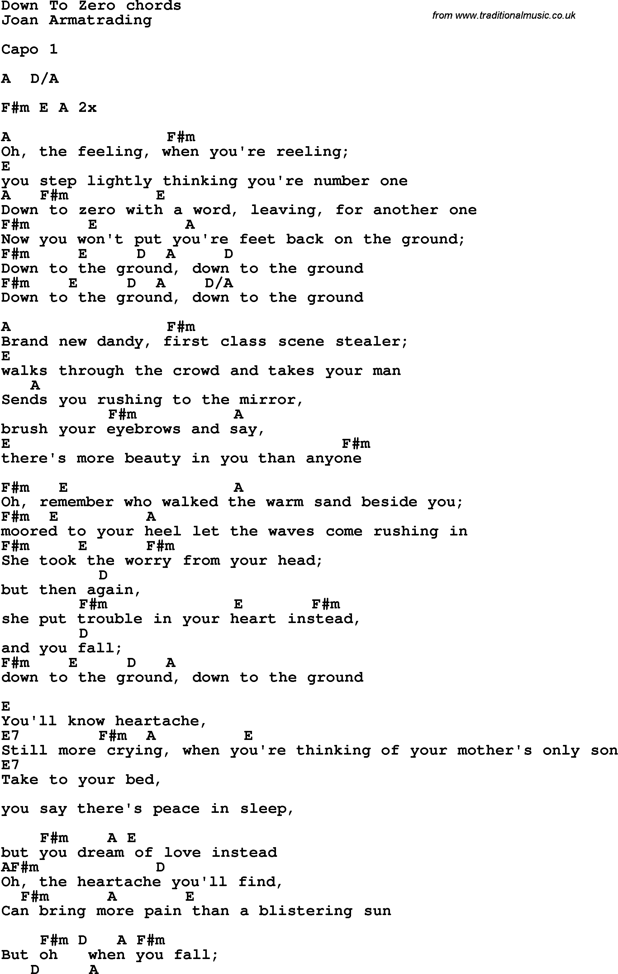 Song Lyrics with guitar chords for Down To Zero