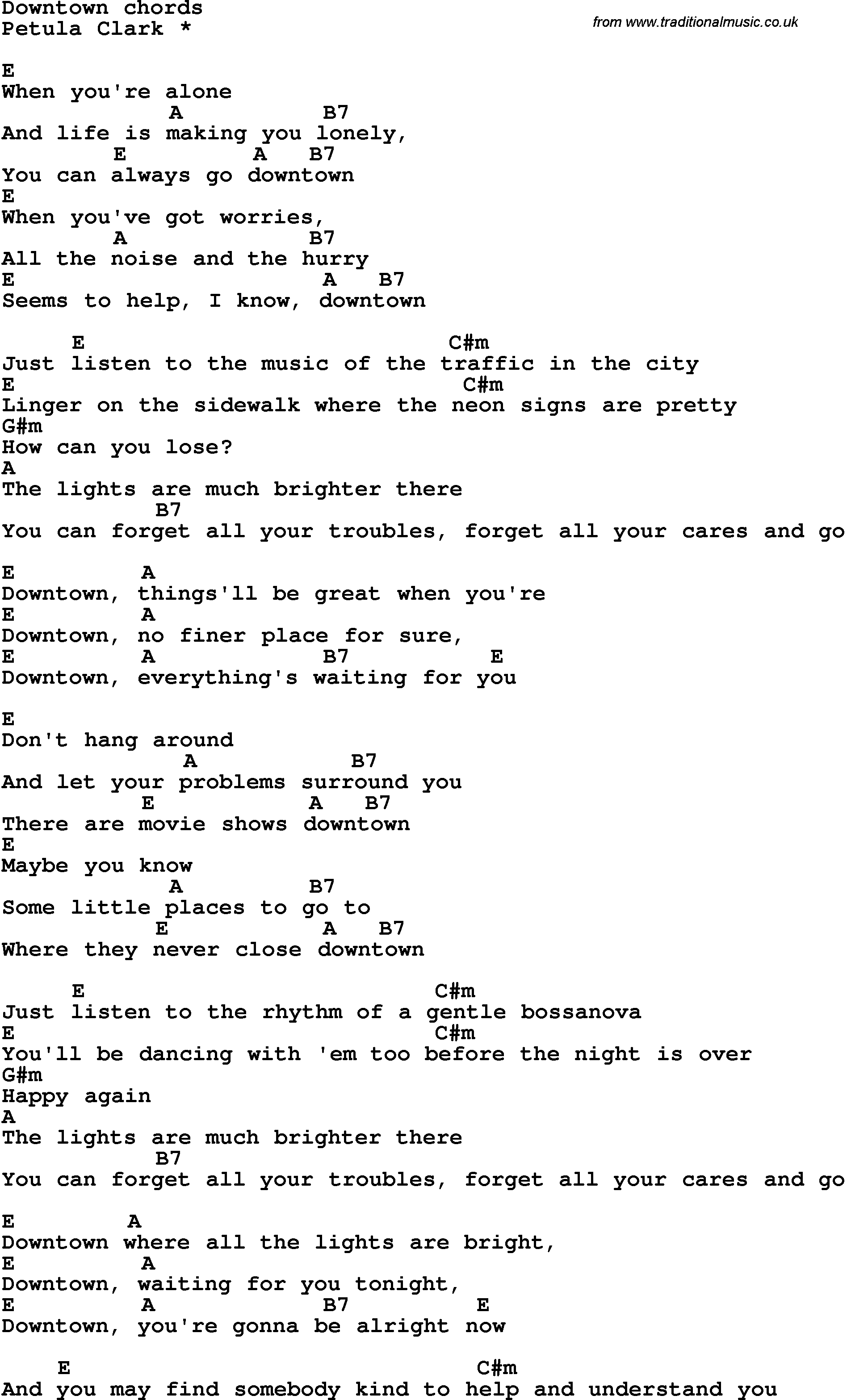 Song Lyrics with guitar chords for Downtown