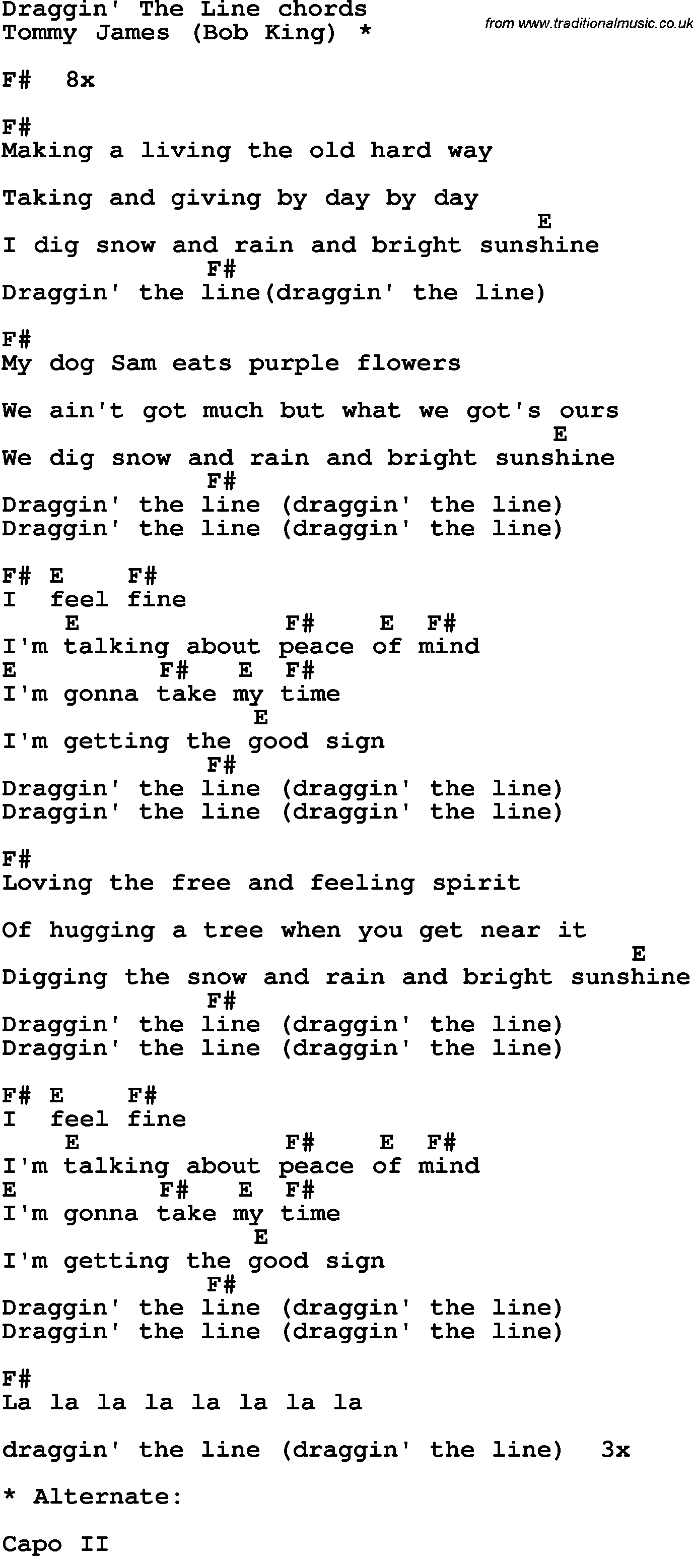 Song Lyrics with guitar chords for Dragging Line
