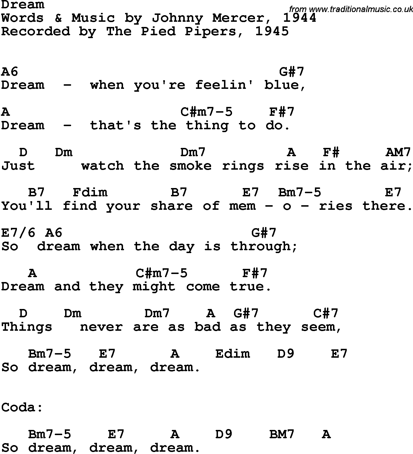 Song Lyrics with guitar chords for Dream - The Pied Pipers, 1945