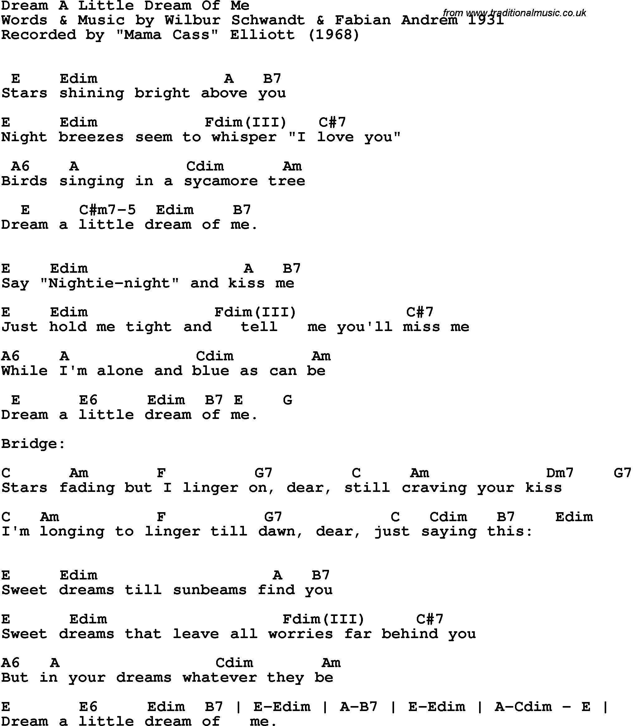 Song Lyrics with guitar chords for Dream A Little Dream Of Me - Mama Cass Elliott, 1968