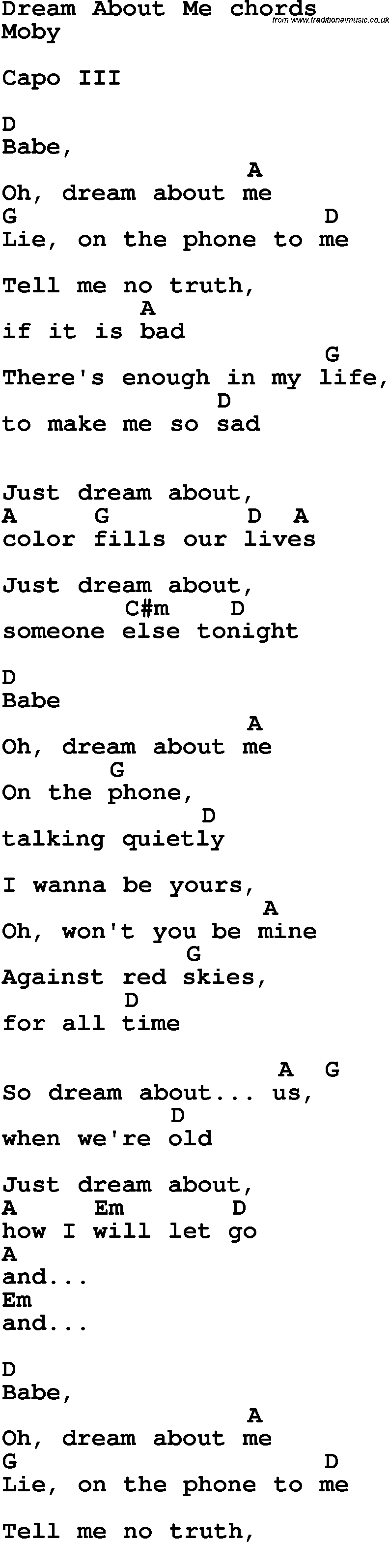 Song Lyrics with guitar chords for Dream About Me