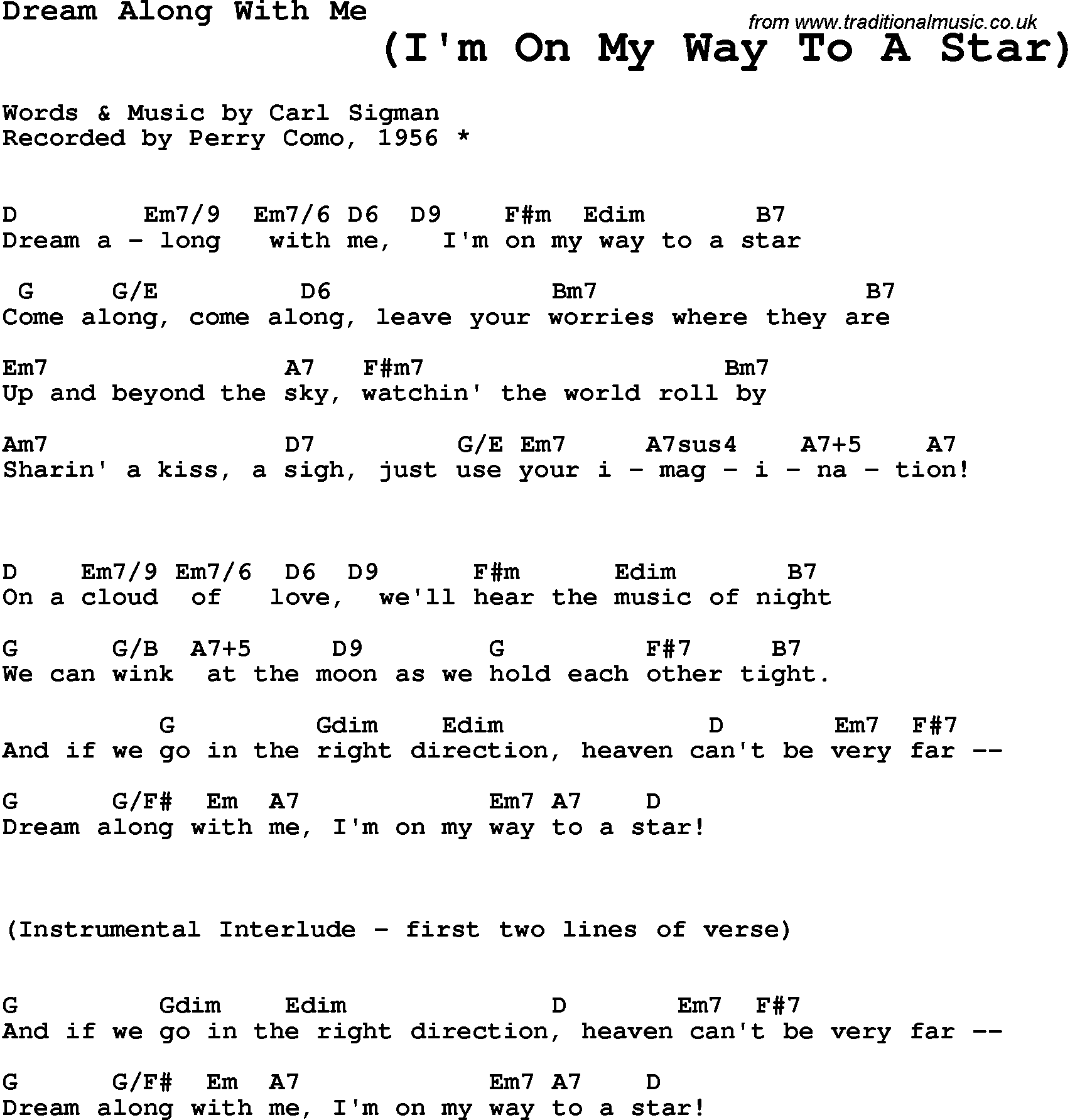 Song Lyrics with guitar chords for Dream Along With Me - Perry Como, 1956
