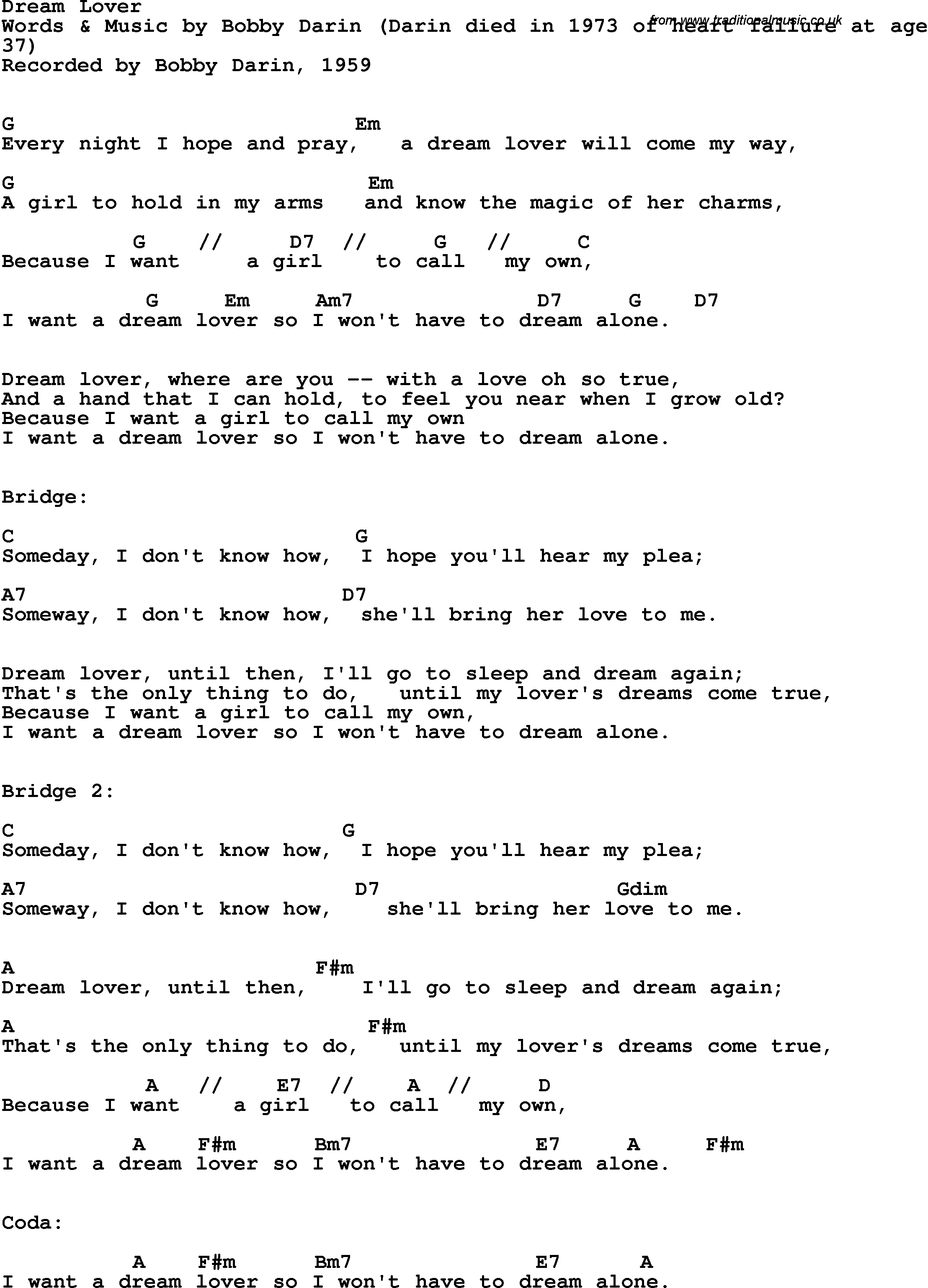 Song Lyrics with guitar chords for Dream Lover - Bobby Darin, 1959