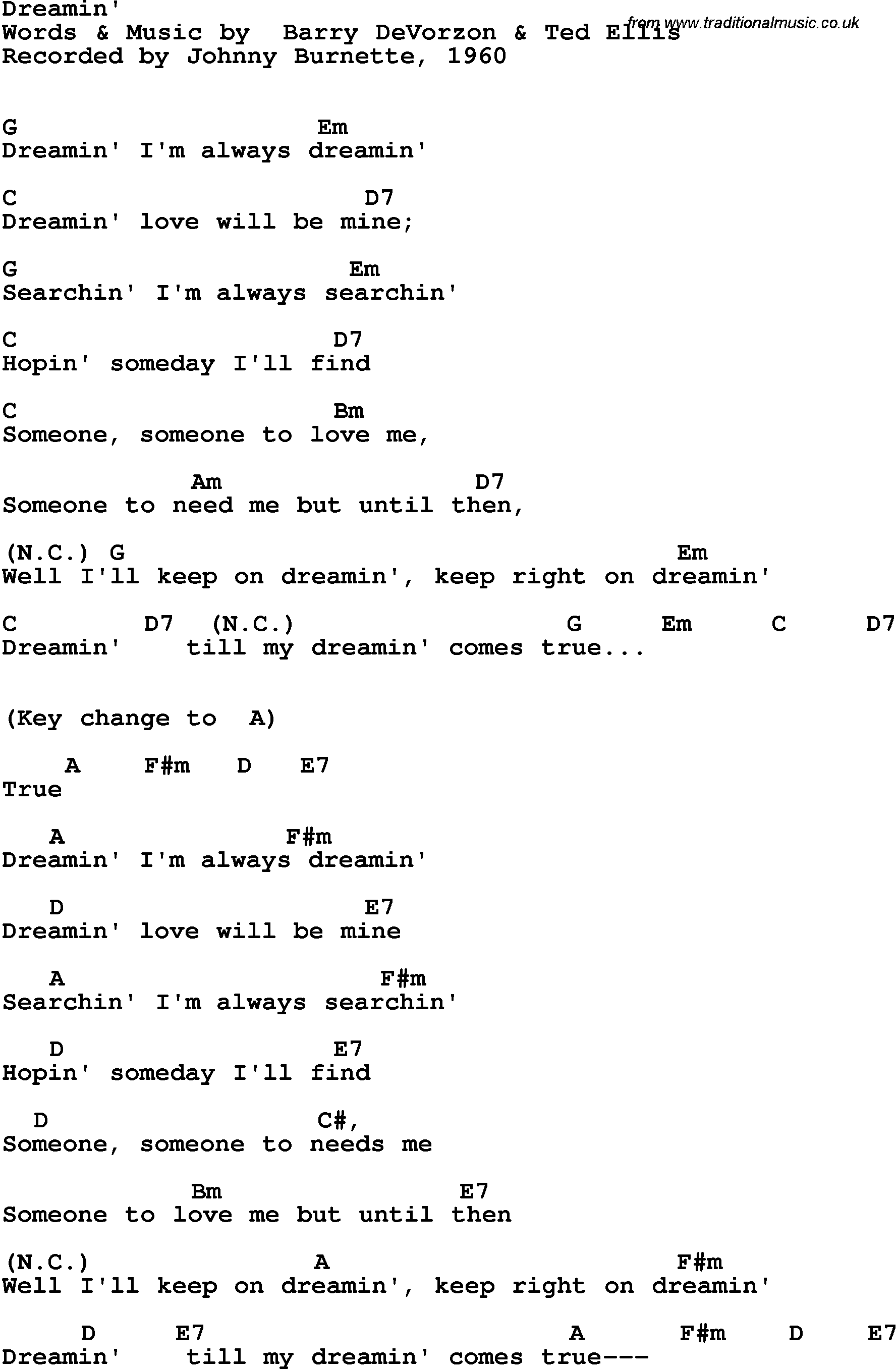 Song Lyrics with guitar chords for Dreamin' - Johnny Burnette, 1960