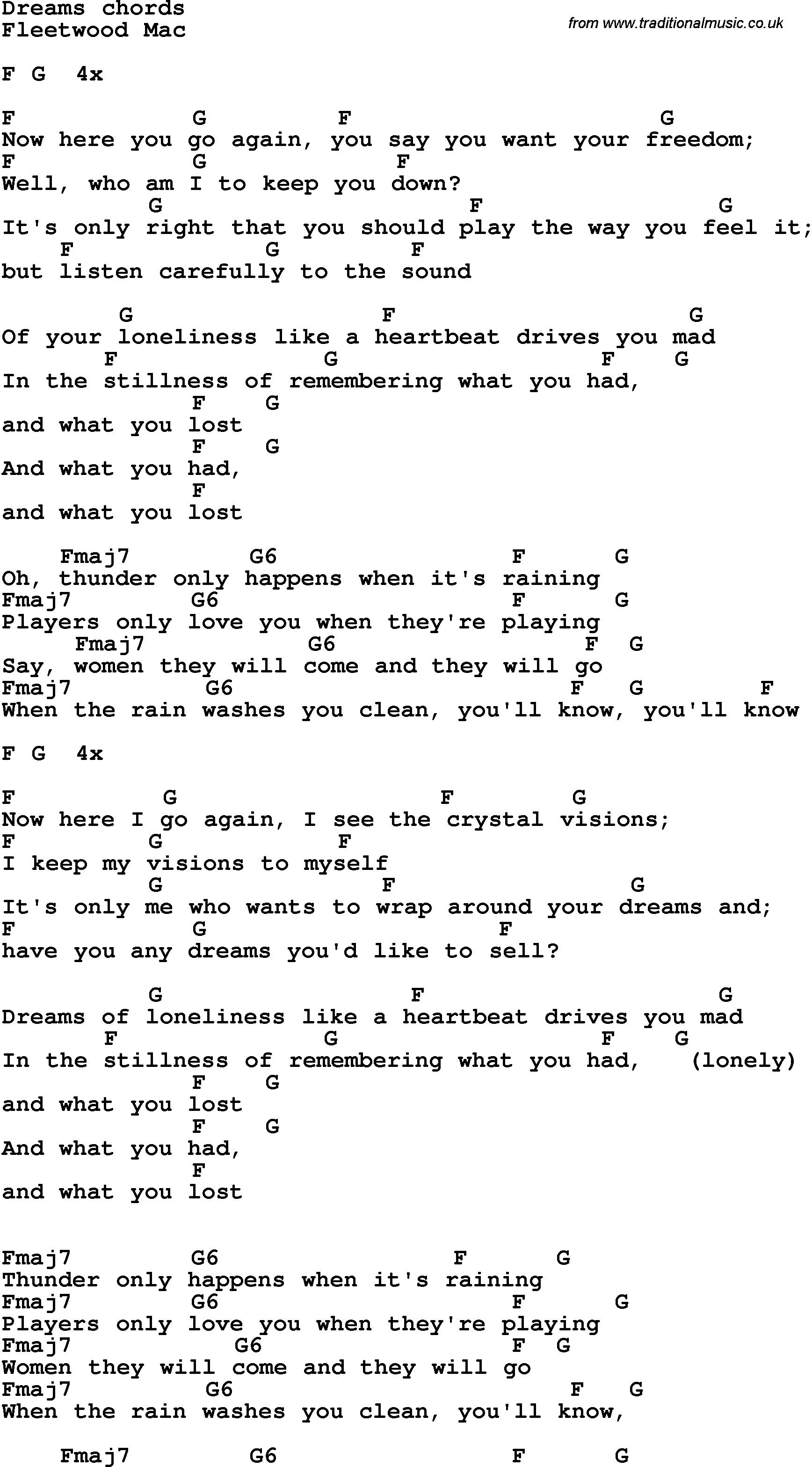 Song Lyrics with guitar chords for Dreams