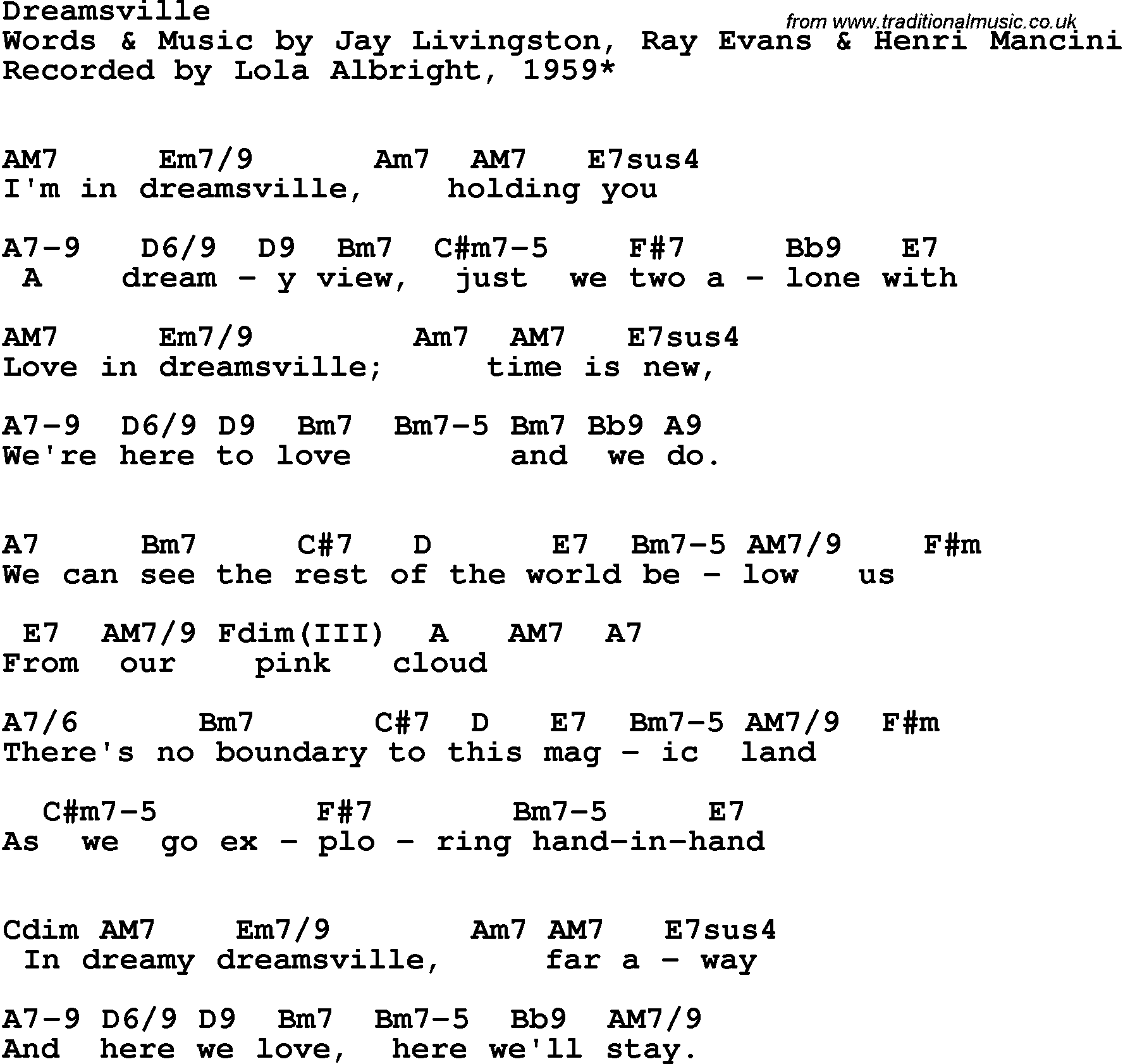 Song Lyrics with guitar chords for Dreamsville - Lola Albright, 1959