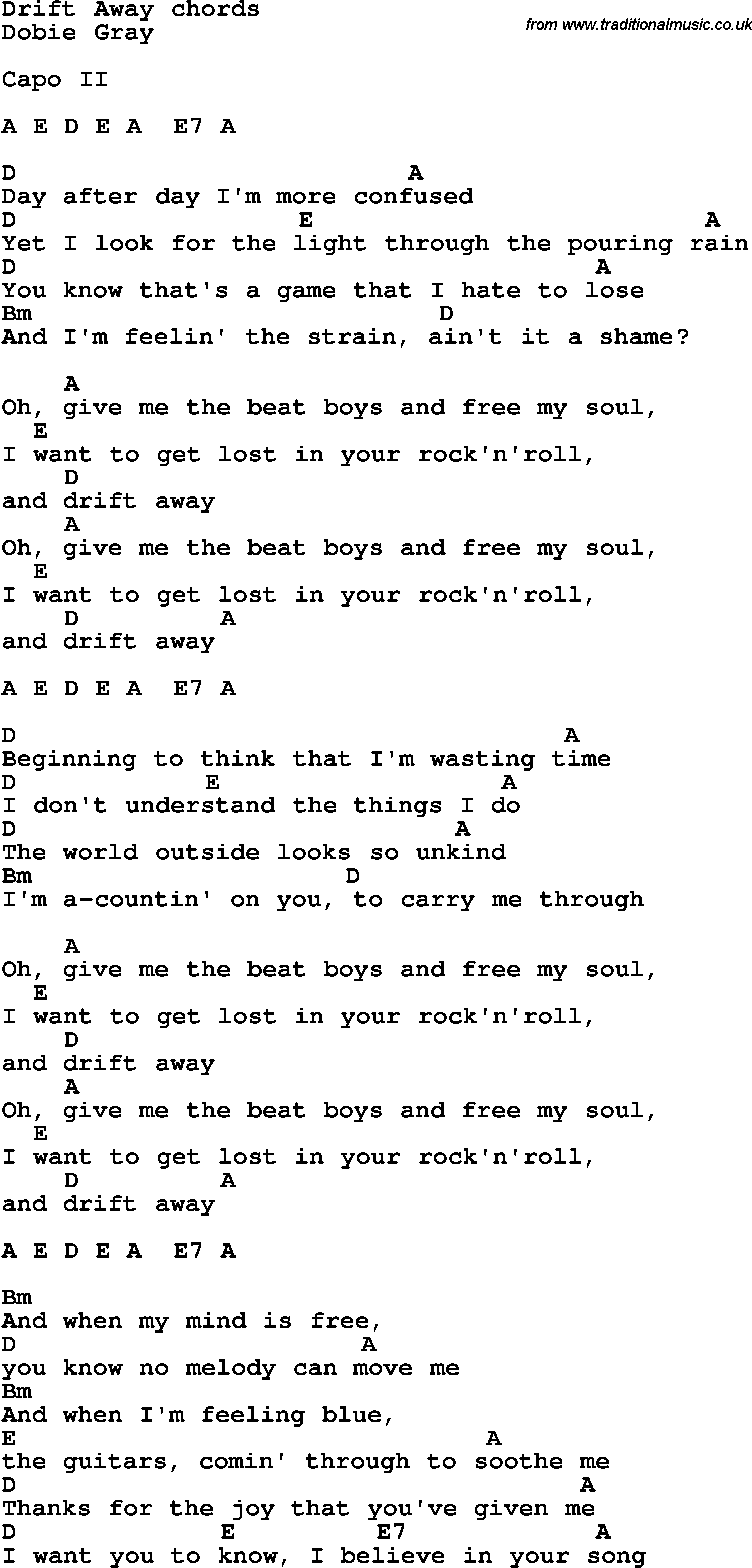 Song Lyrics with guitar chords for Drift Away