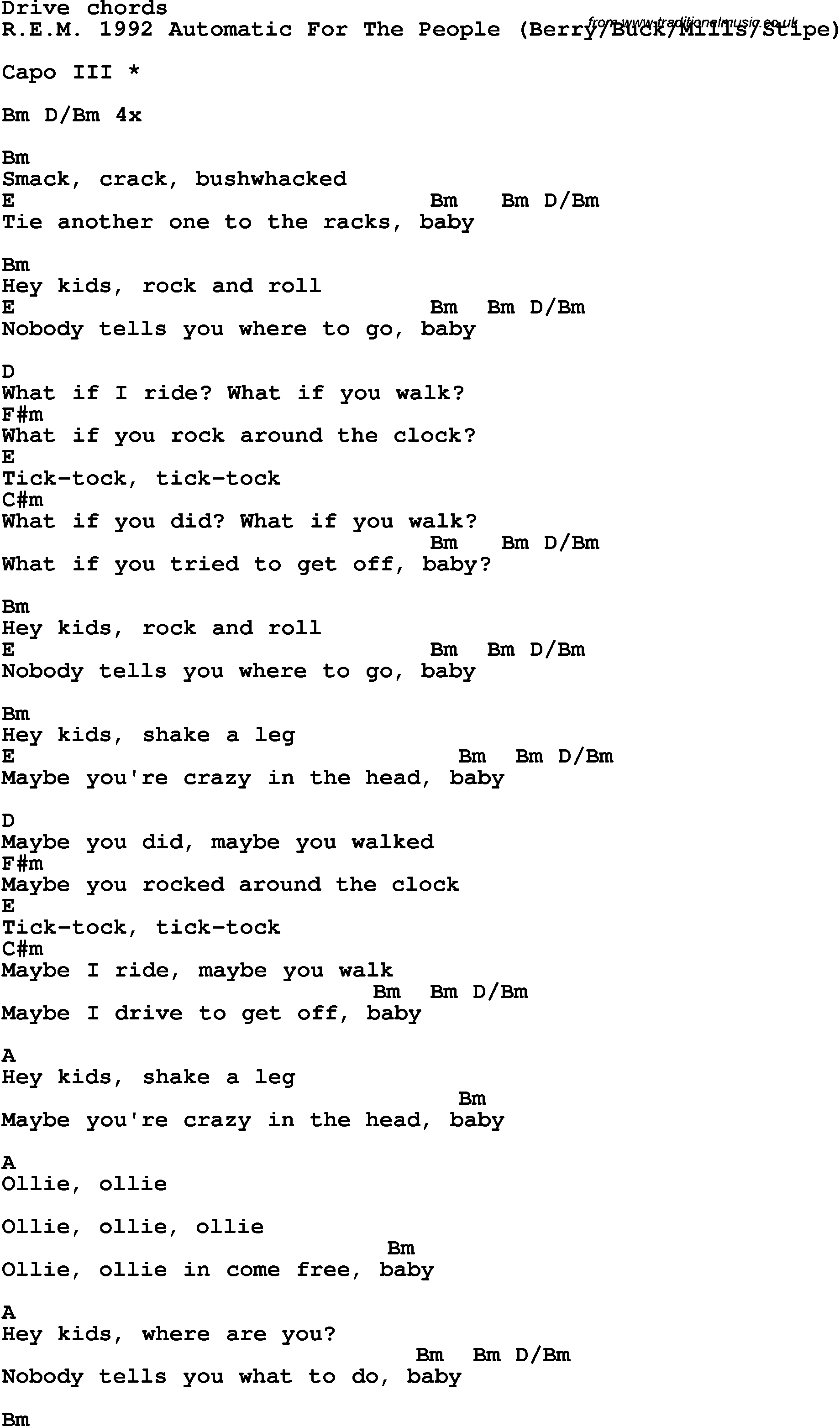 Song Lyrics with guitar chords for Drive - Rem