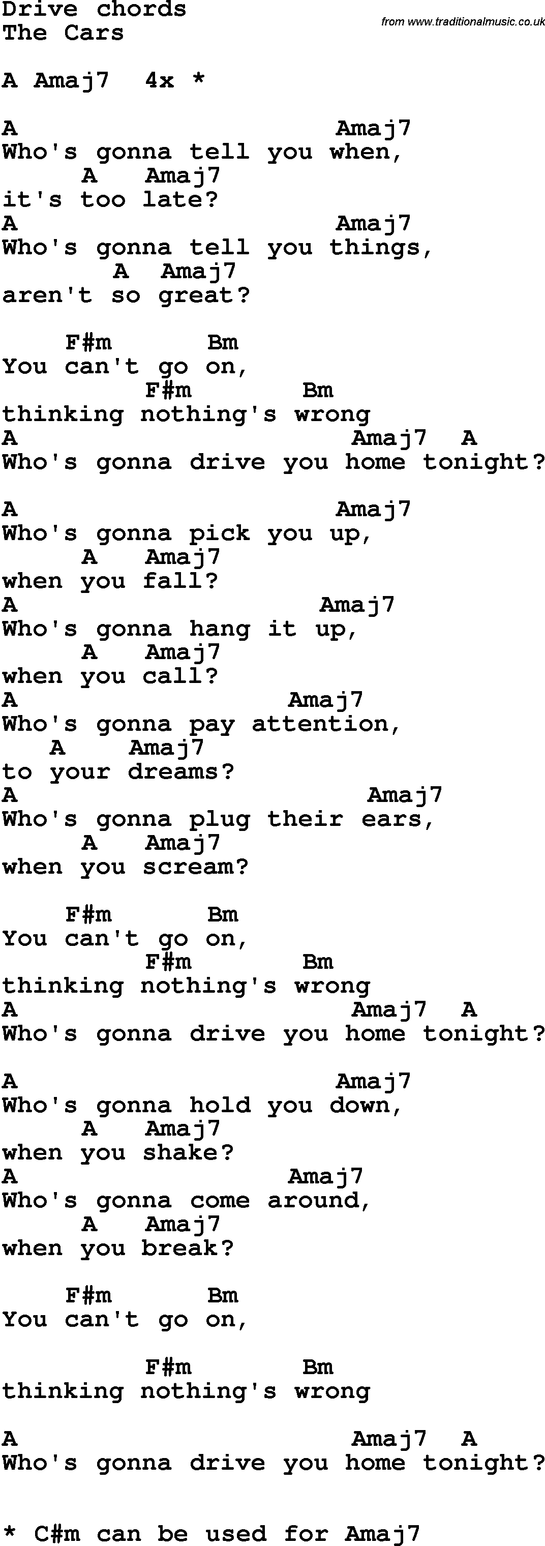 Song Lyrics with guitar chords for Drive - The Cars