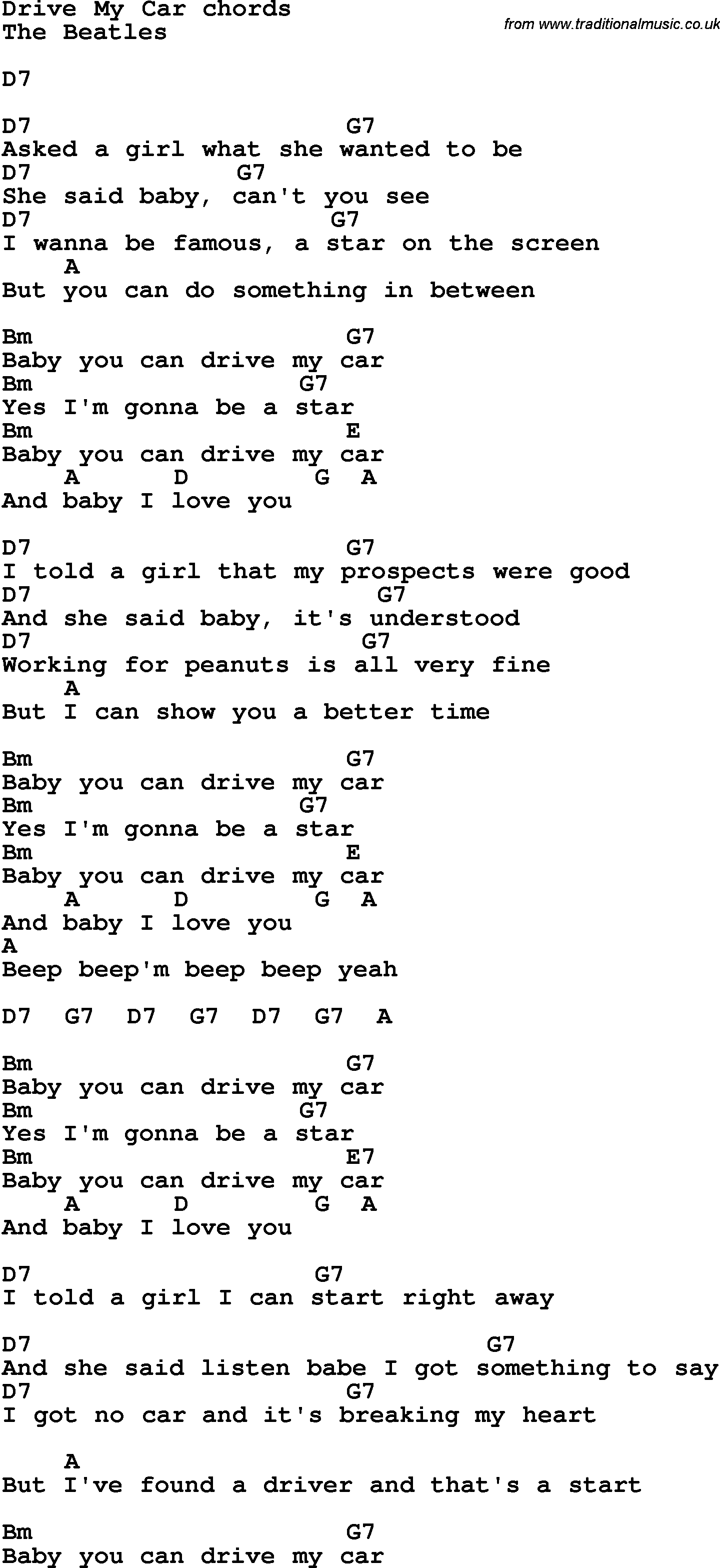 Song Lyrics with guitar chords for Drive My Car - The Beatles