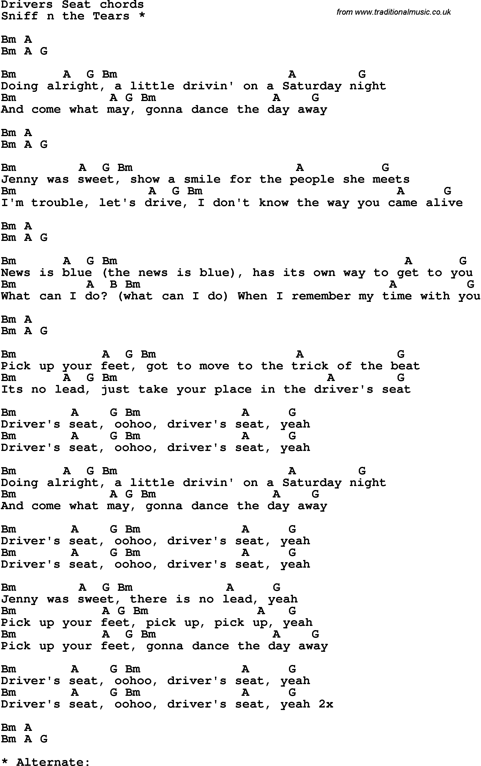 Song Lyrics with guitar chords for Driver's Seat