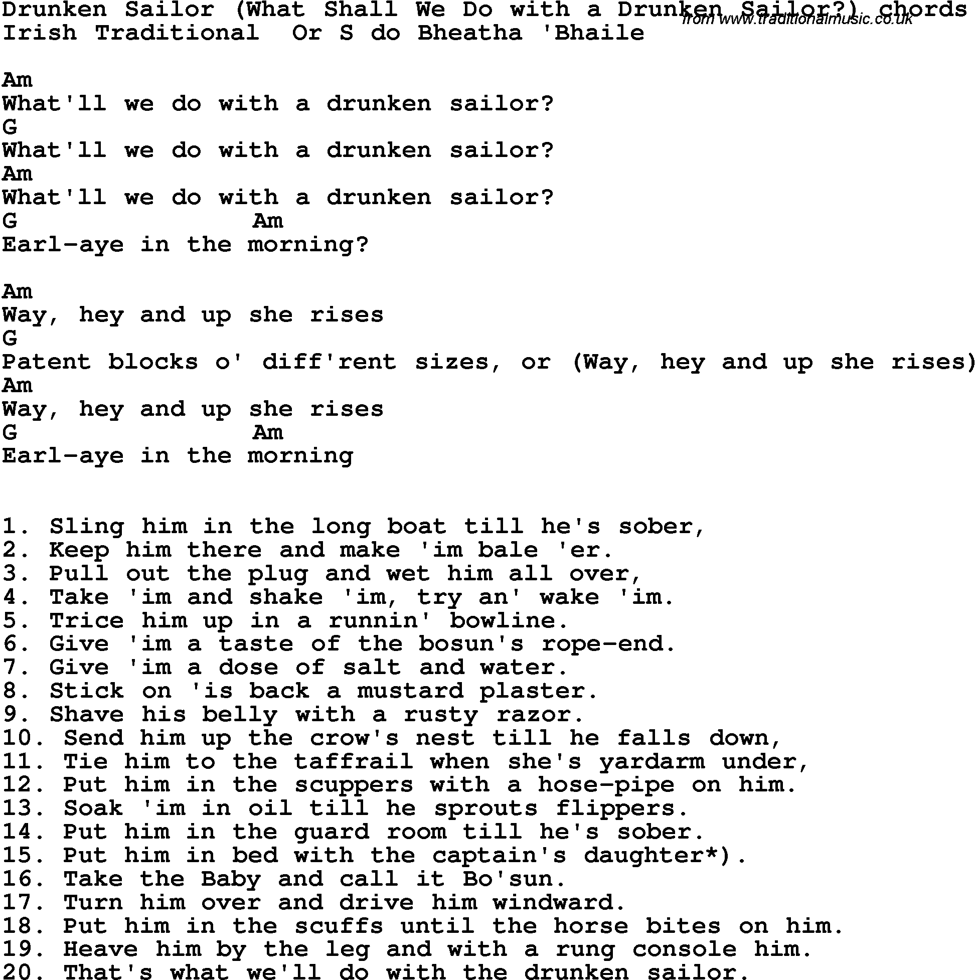 Song Lyrics with guitar chords for Drunken Sailor