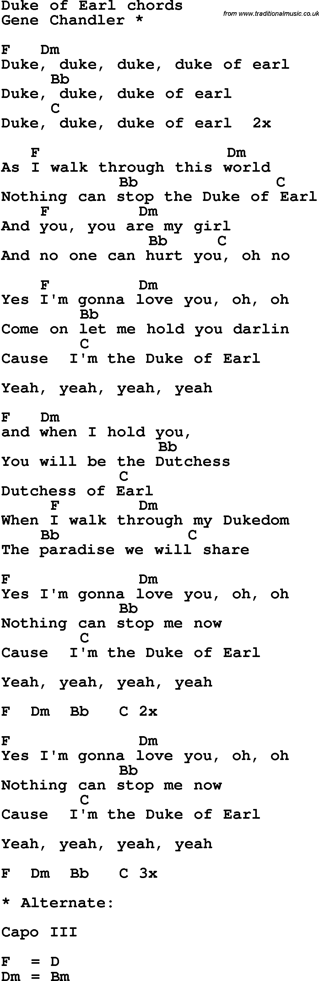 Song Lyrics with guitar chords for Duke Of Earl