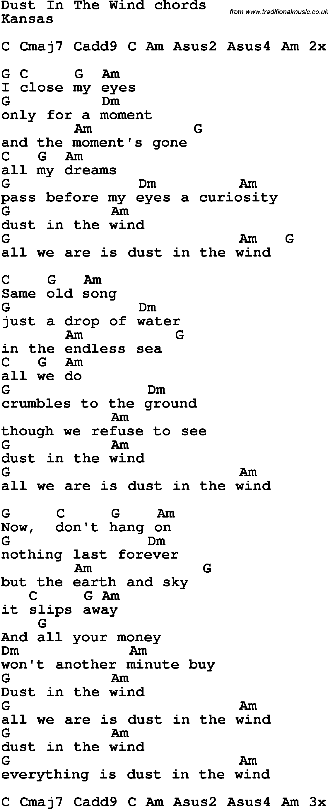 Song Lyrics with guitar chords for Dust In The Wind