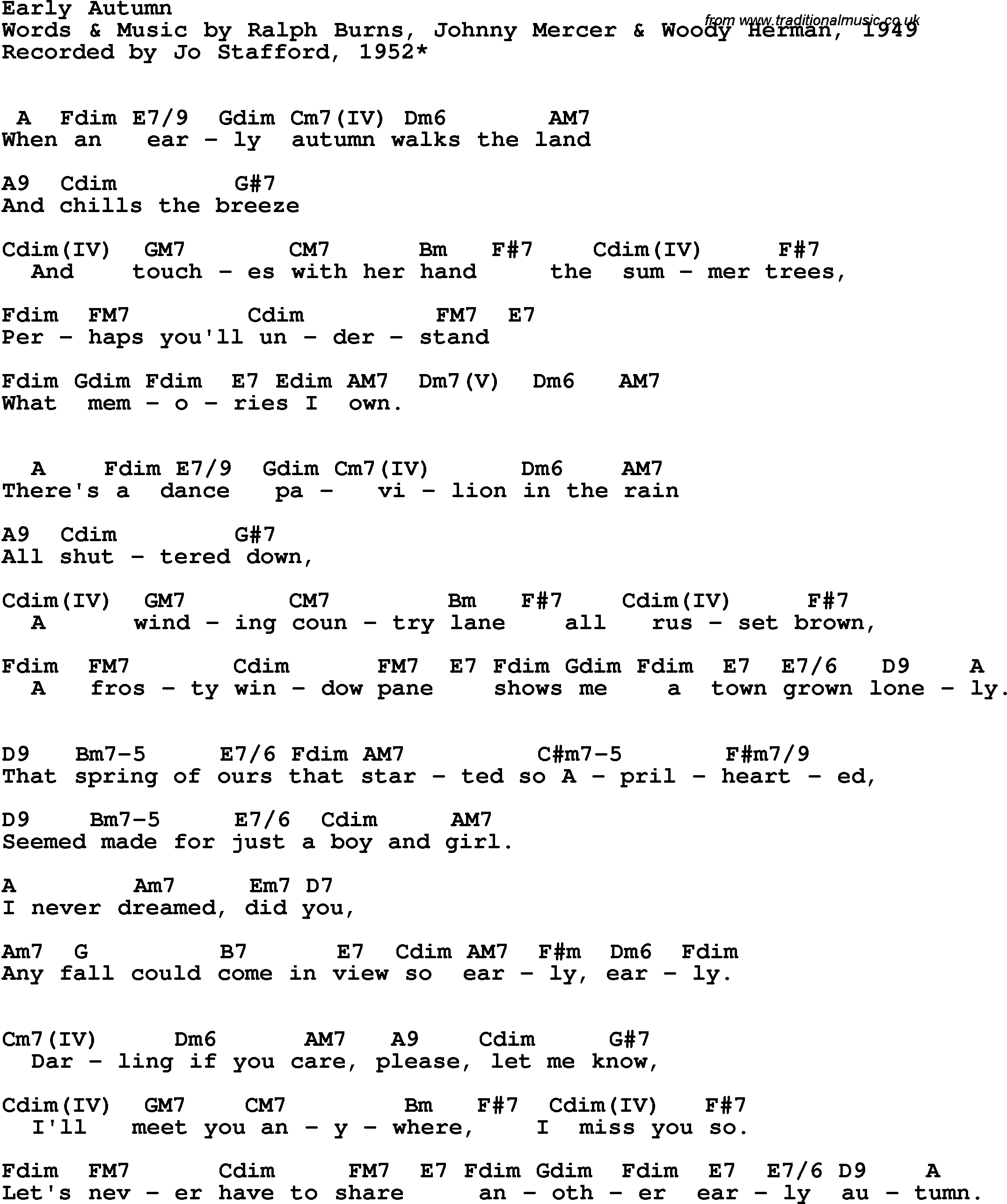 Song Lyrics with guitar chords for Early Autumn - Jo Stafford, 1952