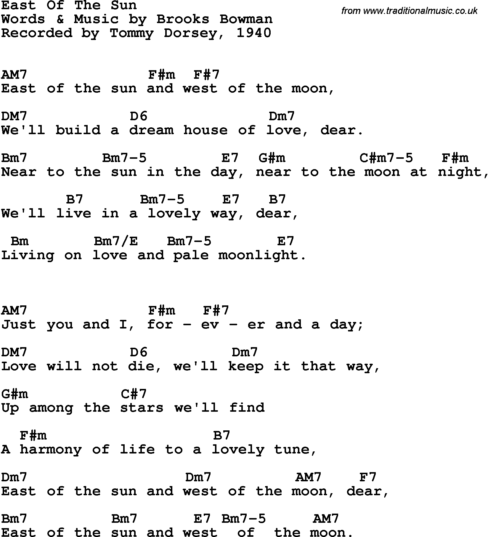 Song Lyrics with guitar chords for East Of The Sun - Tommy Dorsey, 1940