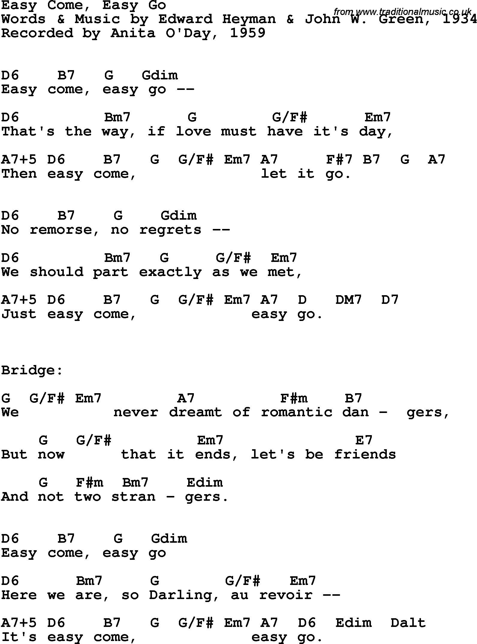 Song Lyrics with guitar chords for Easy Come, Easy Go - Anita O'day, 1959