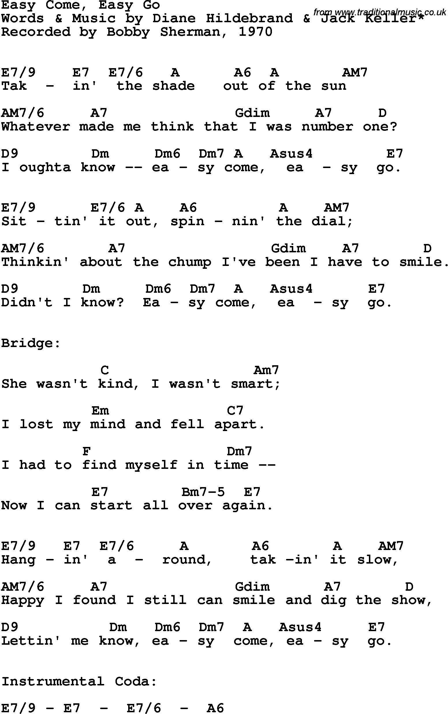 Song Lyrics with guitar chords for Easy Come, Easy Go - Bobby Sherman, 1970