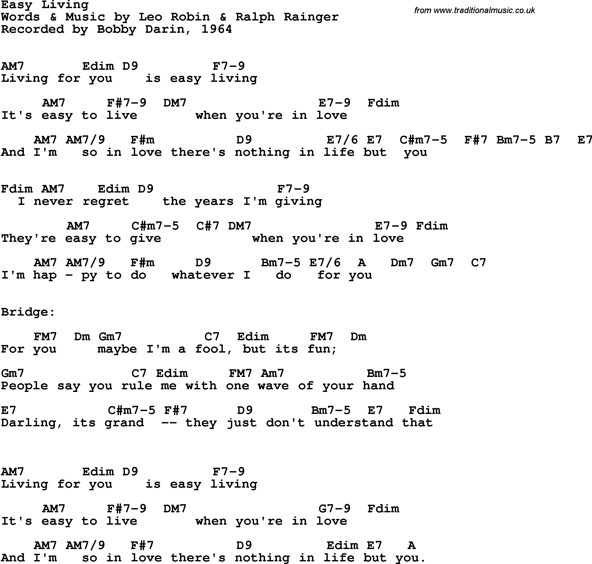 Song Lyrics with guitar chords for Easy Living - Bobby Darin, 1964