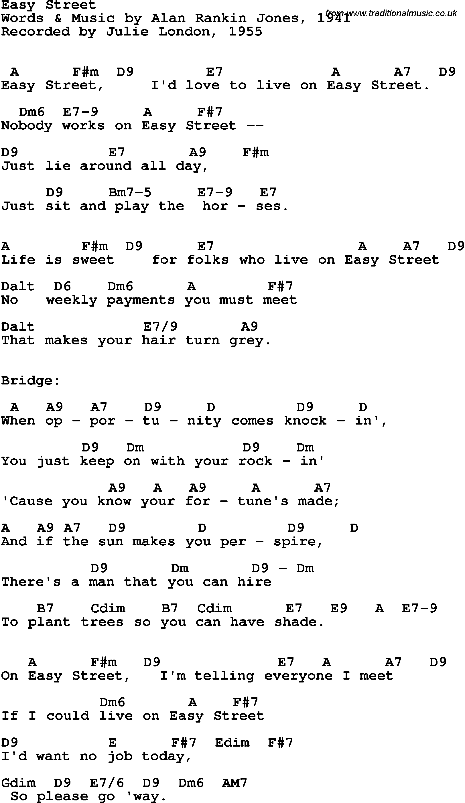 Song Lyrics with guitar chords for Easy Street - Julie London, 1955