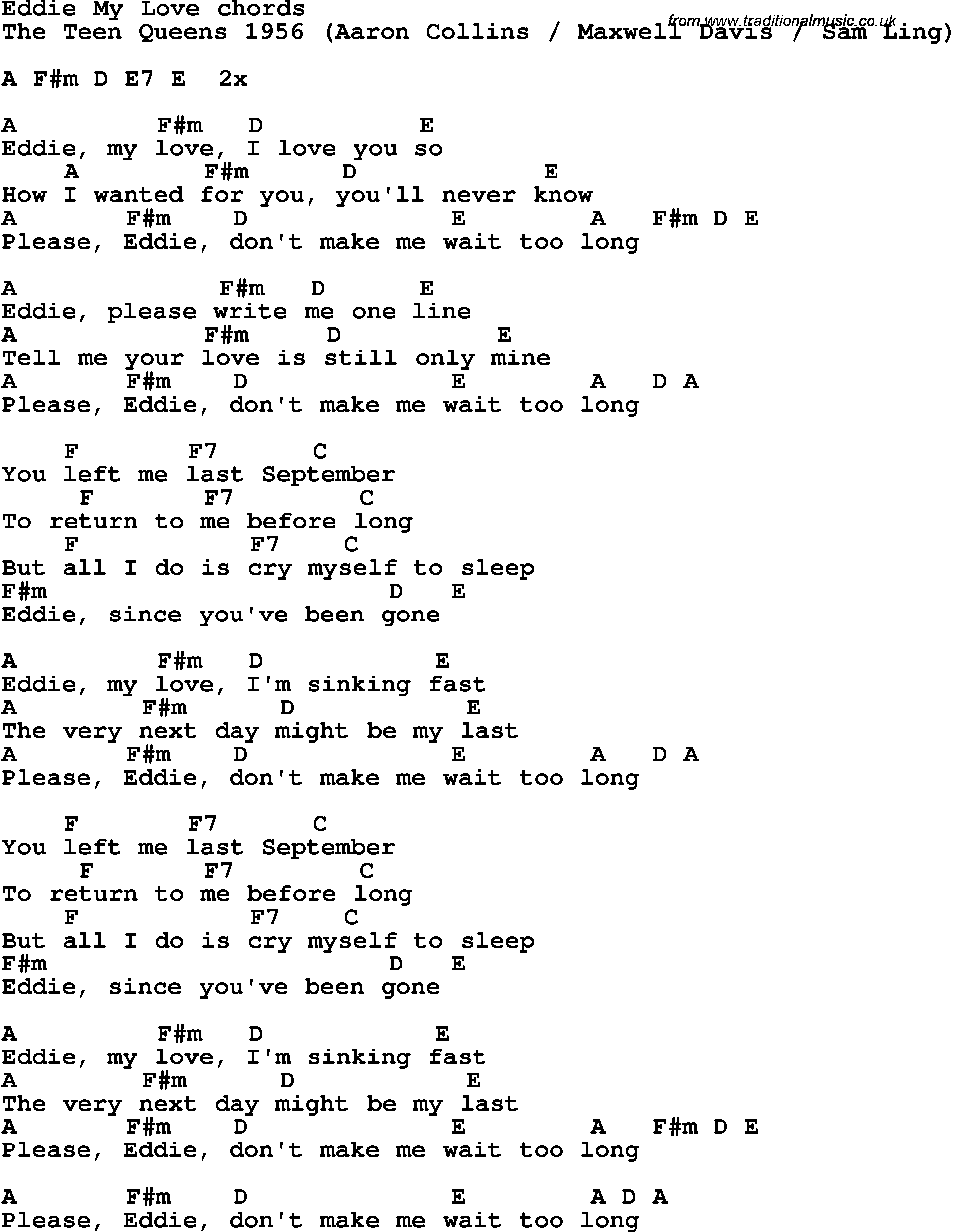 Song Lyrics with guitar chords for Eddie My Love
