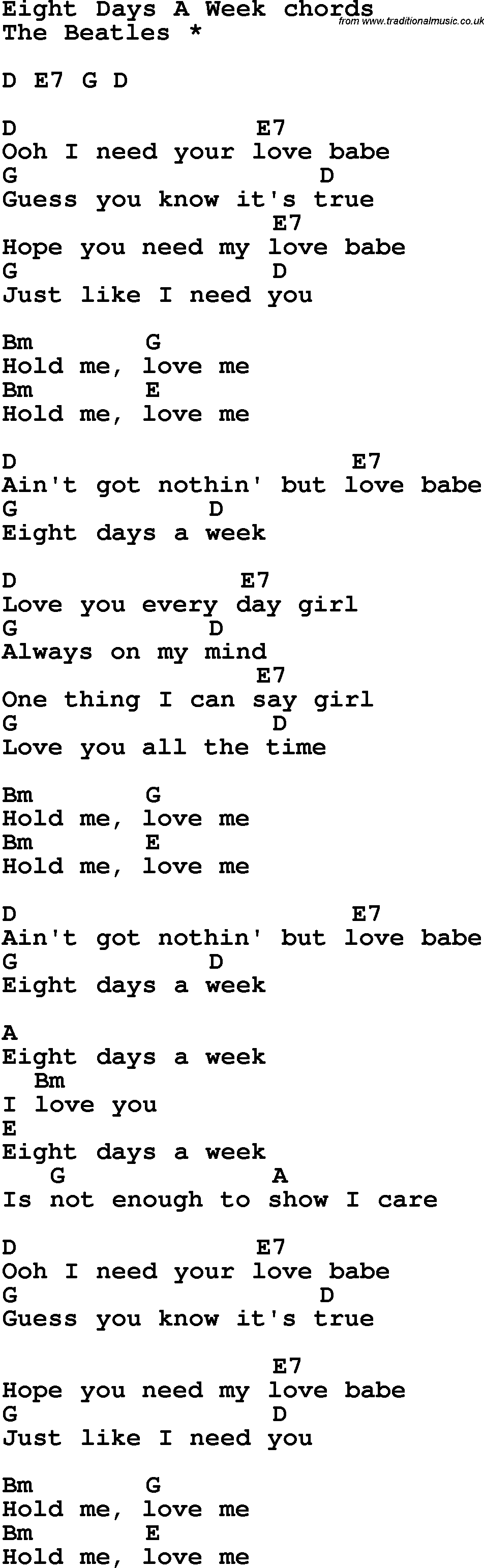 Song Lyrics with guitar chords for Eight Days A Week - The Beatles