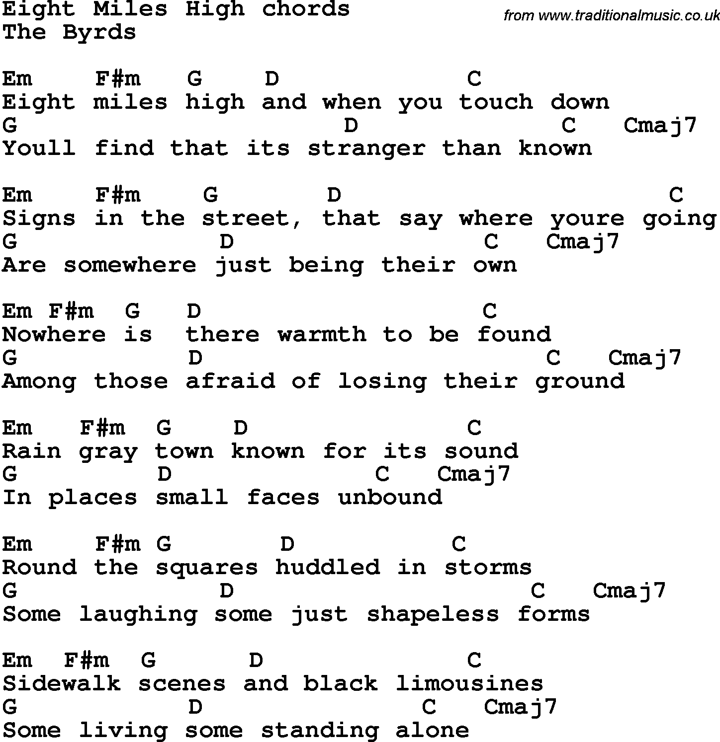 Song Lyrics with guitar chords for Eight Miles High