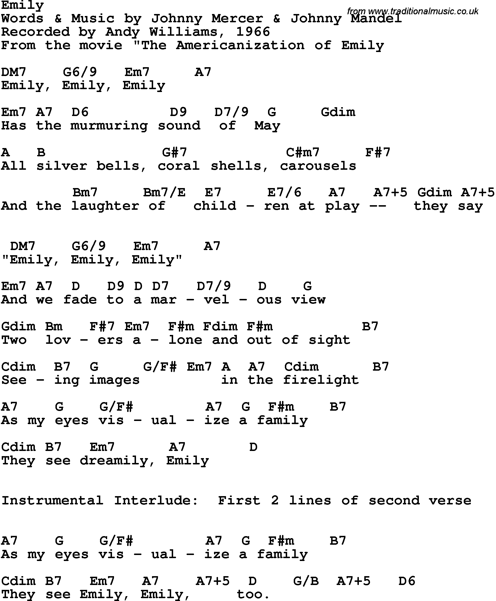 Song Lyrics with guitar chords for Emily - Andy Williams, 1966