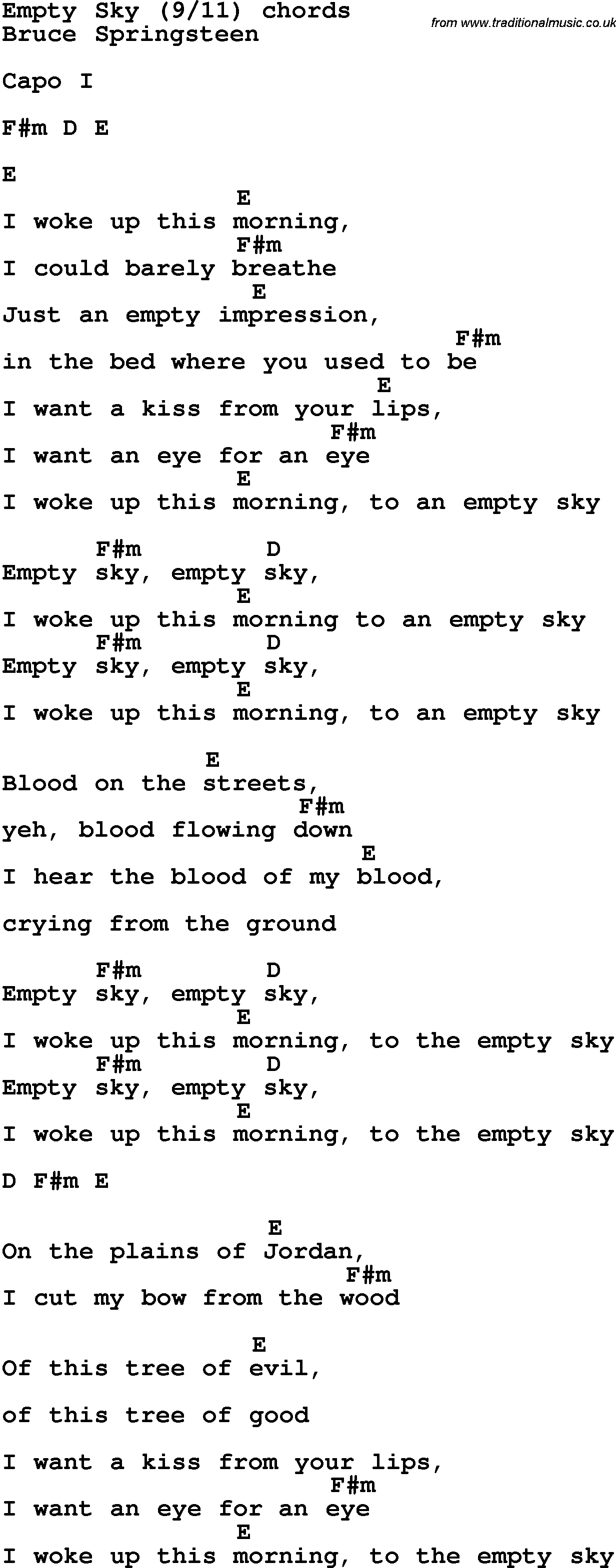 Song Lyrics with guitar chords for Empty Sky