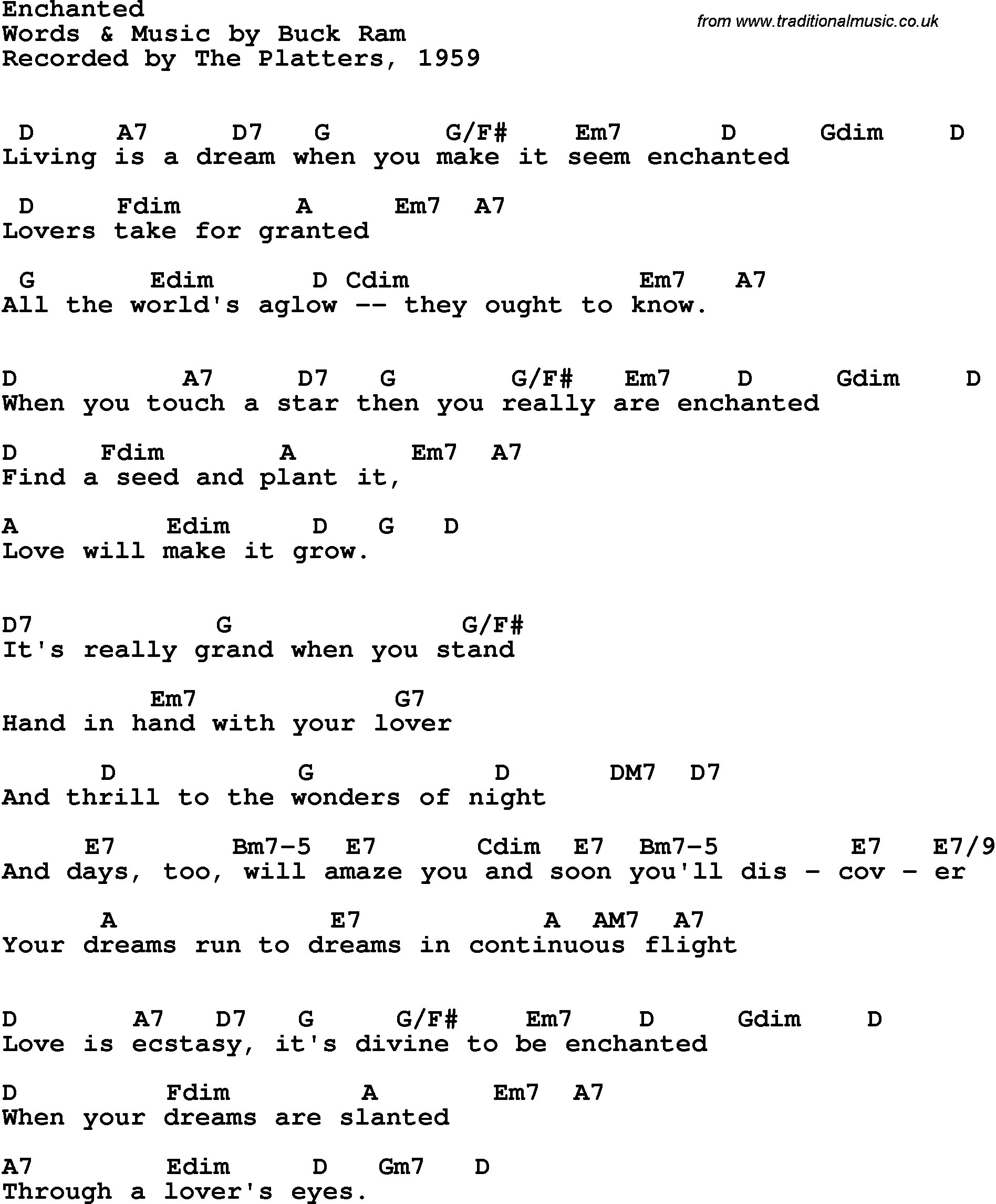 Song Lyrics with guitar chords for Enchanted - The Platters, 1959
