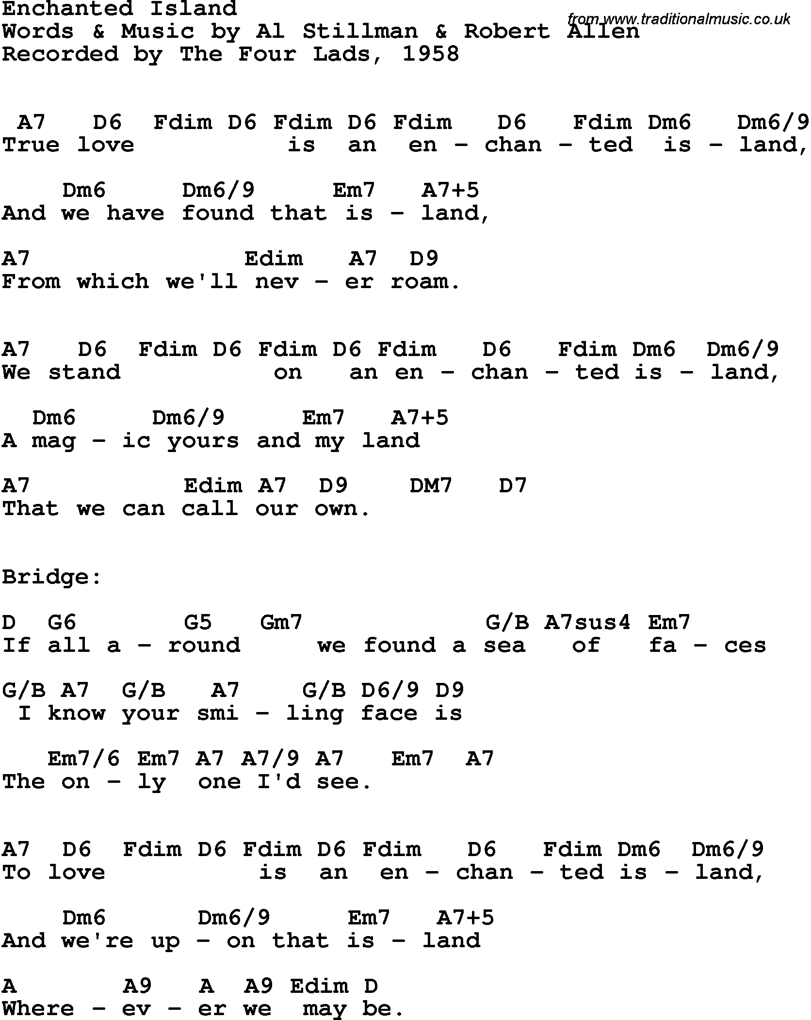 Song Lyrics with guitar chords for Enchanted Island - The Four Lads, 1958