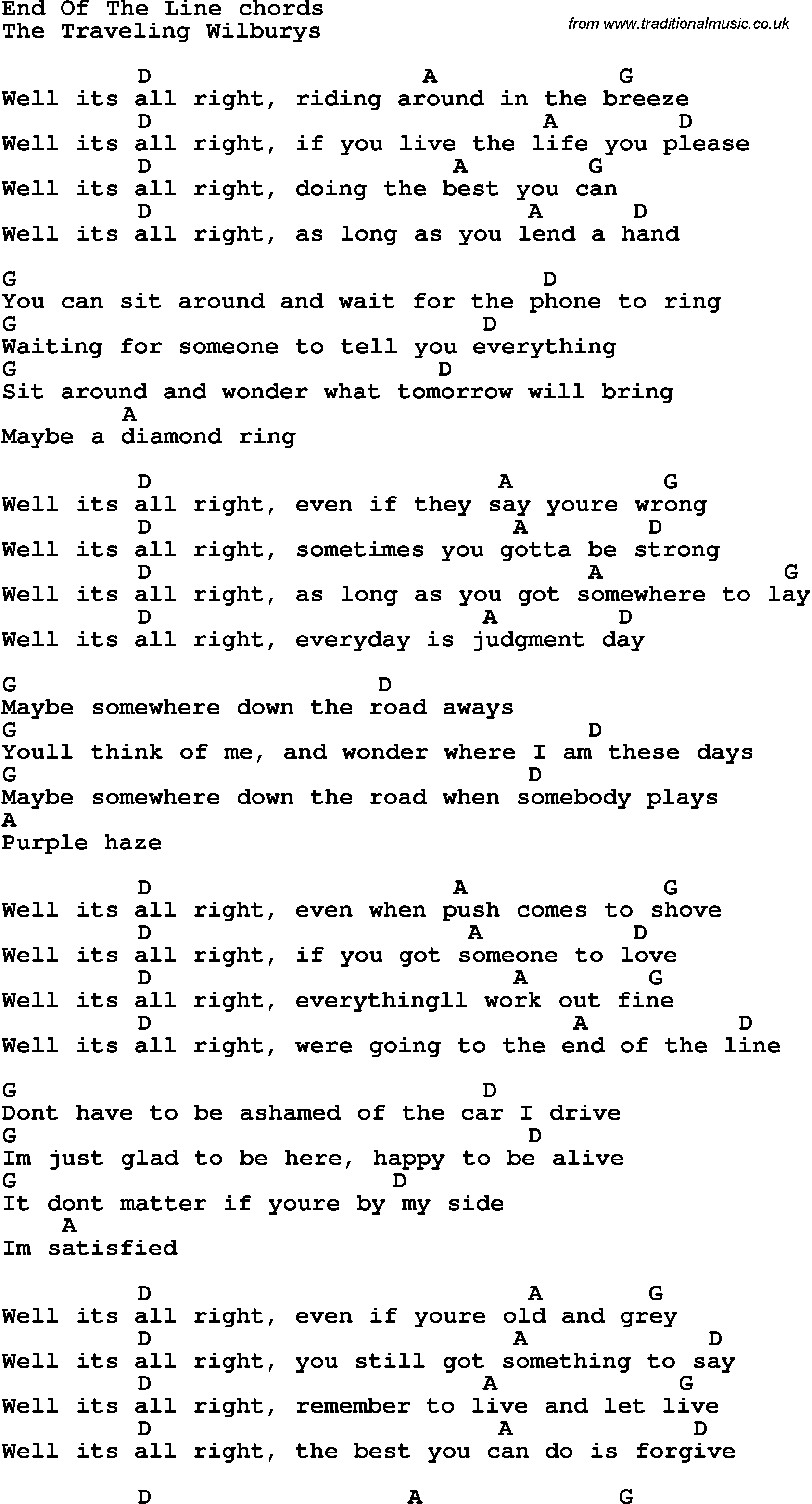 Song Lyrics with guitar chords for End Of The Line