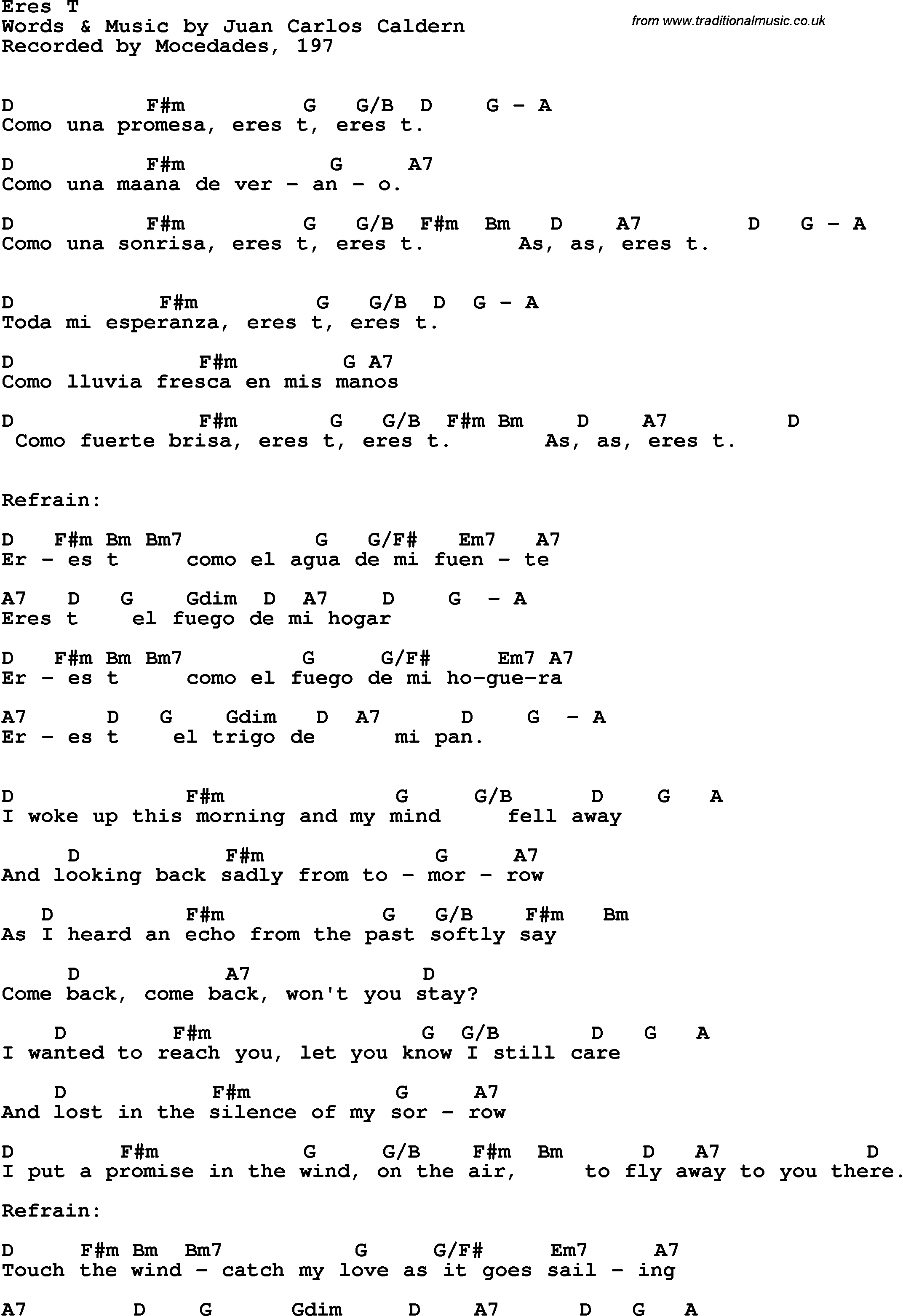 Song Lyrics with guitar chords for Eres Tu - Mocedades, 1973
