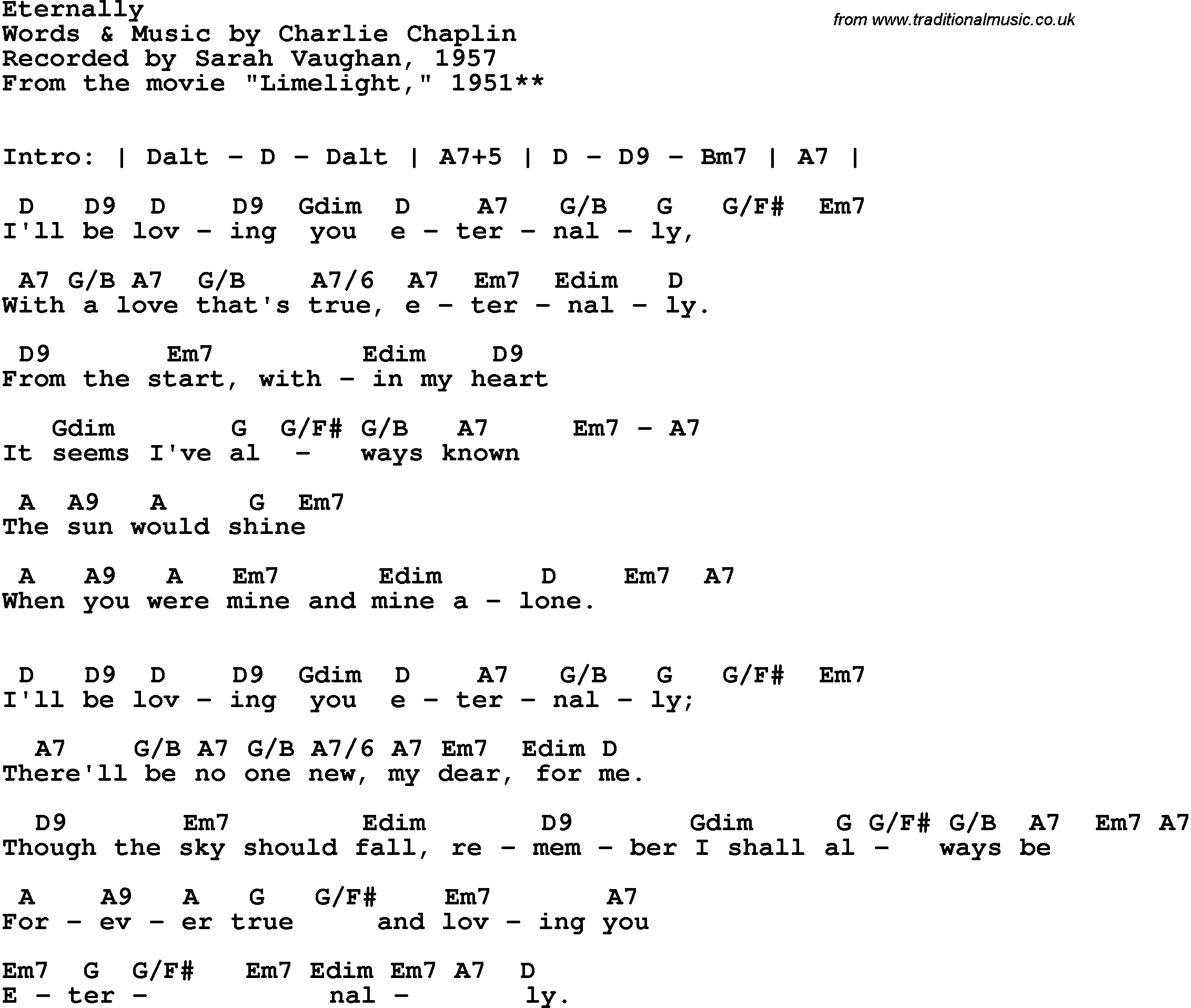 Song Lyrics with guitar chords for Eternally - Sarah Vaughan, 1957