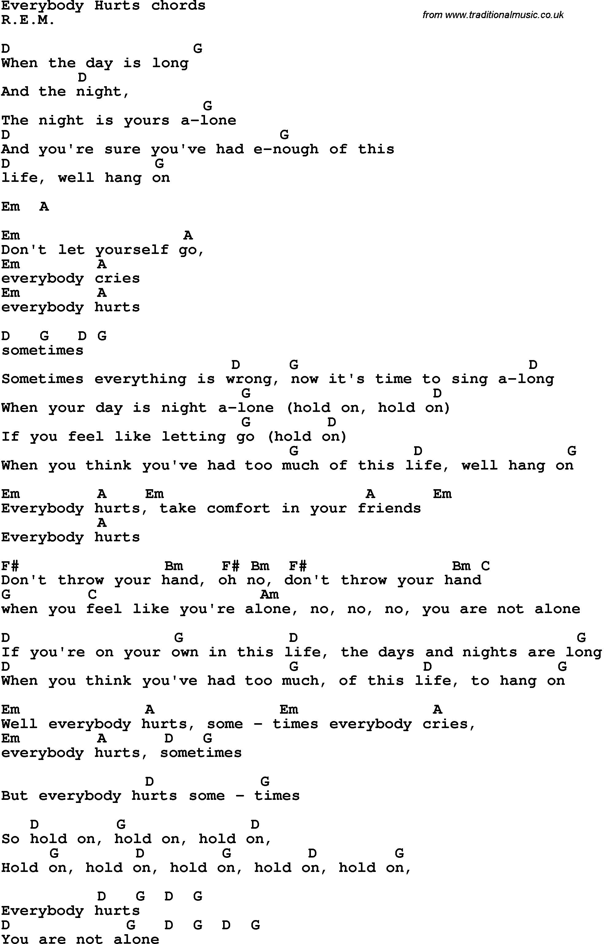 Song Lyrics with guitar chords for Everybody Hurts