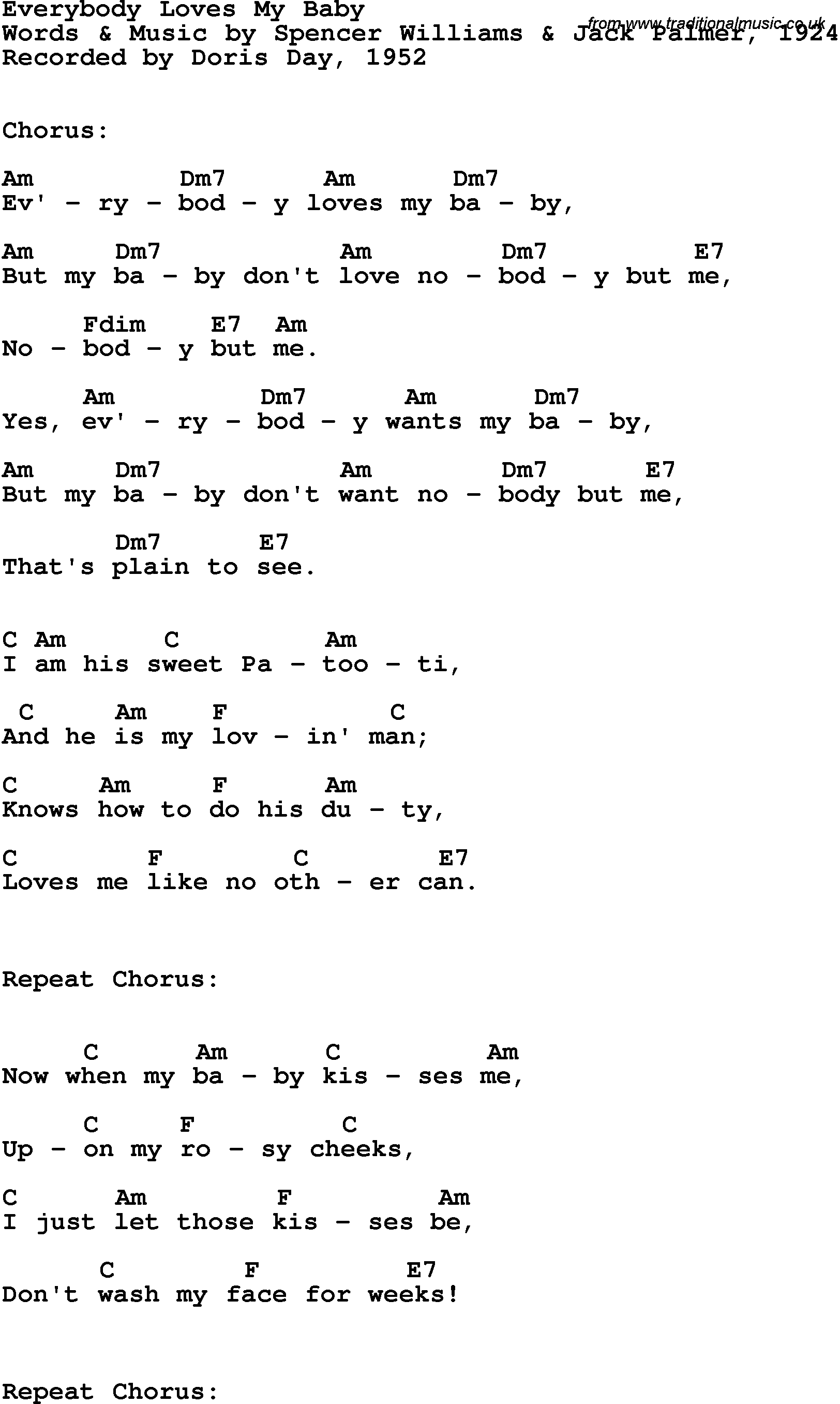 Song Lyrics with guitar chords for Everybody Loves My Baby - Doris Day, 1952