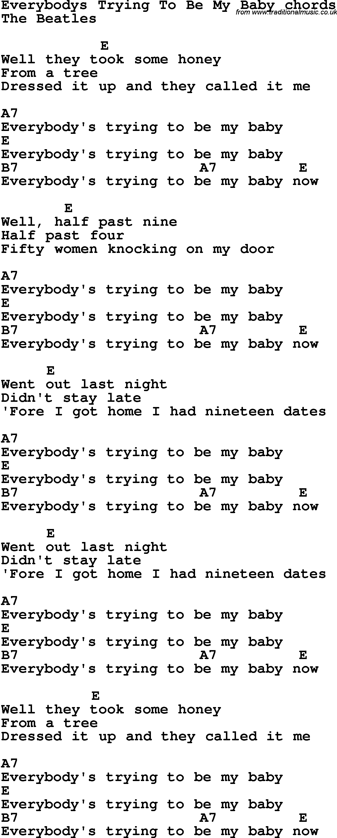 Song Lyrics with guitar chords for Everybody's Trying To Be My Baby