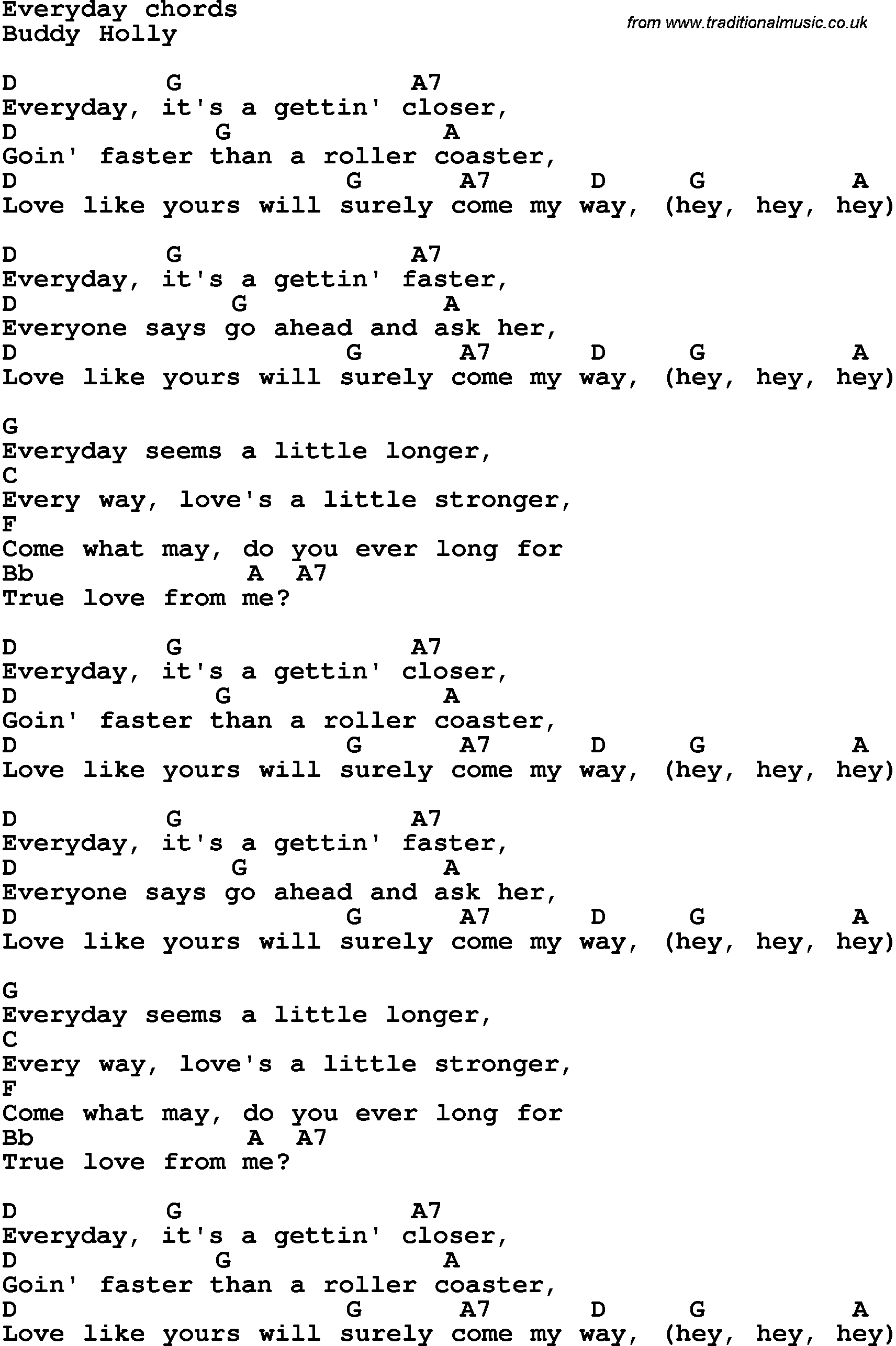 Song Lyrics with guitar chords for Everyday