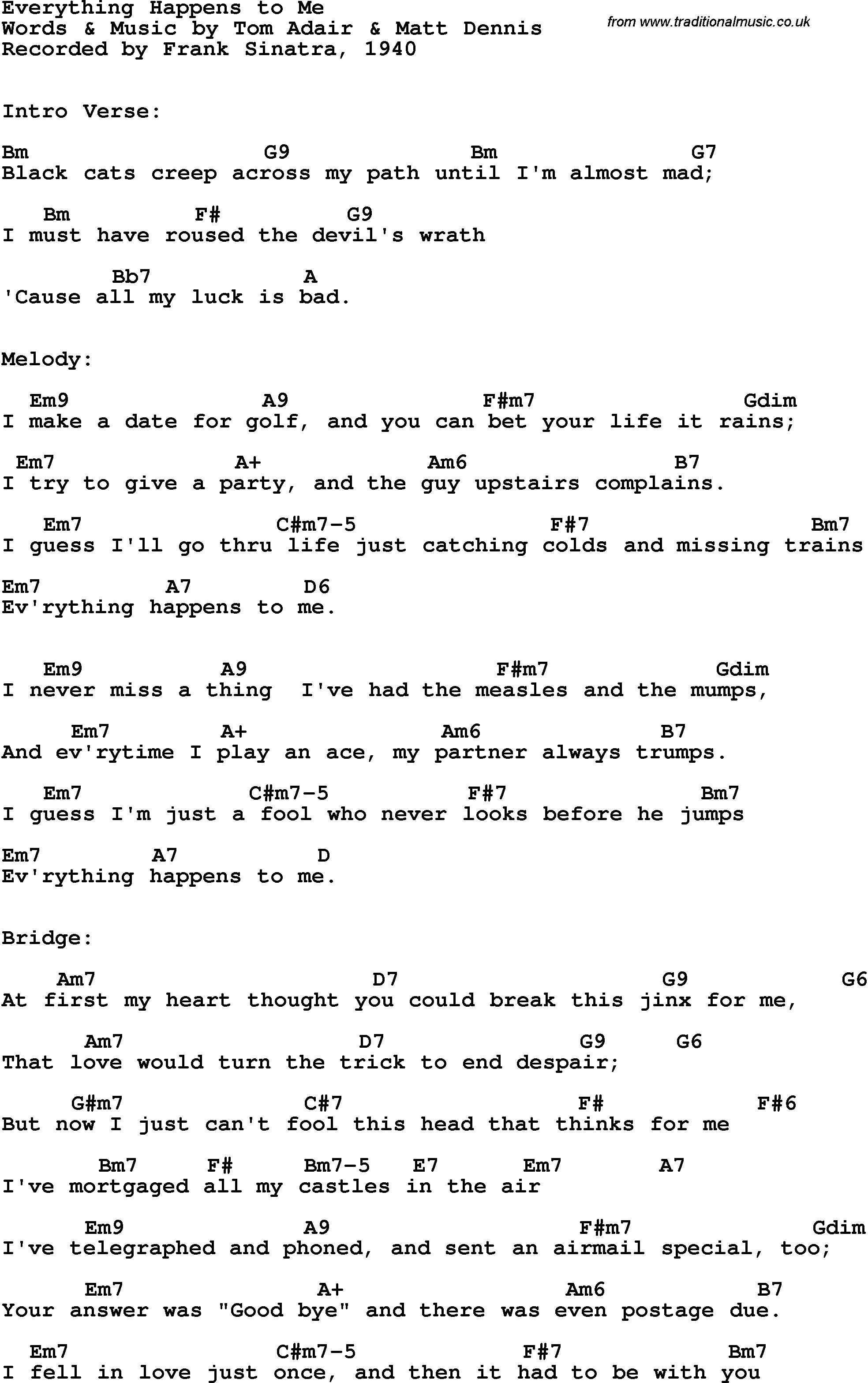 Song Lyrics with guitar chords for Everything Happens To Me - Frank Sinatra, 1940