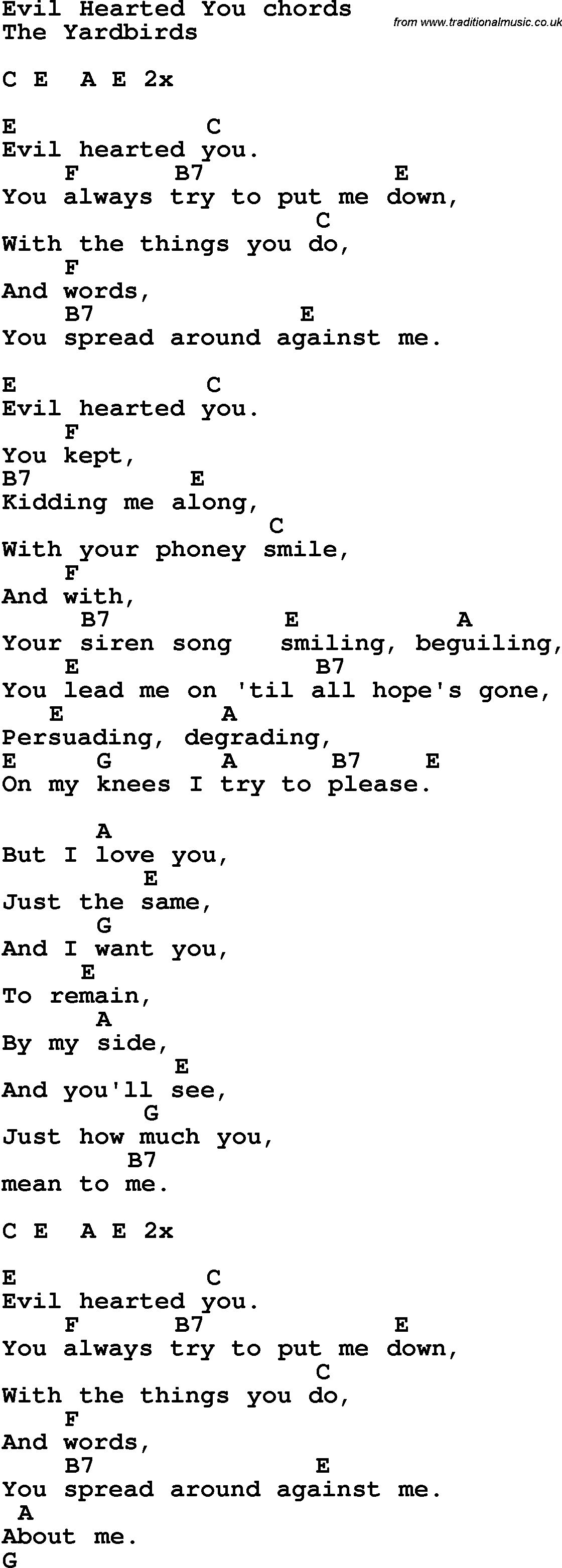 Song Lyrics with guitar chords for Evil Hearted You