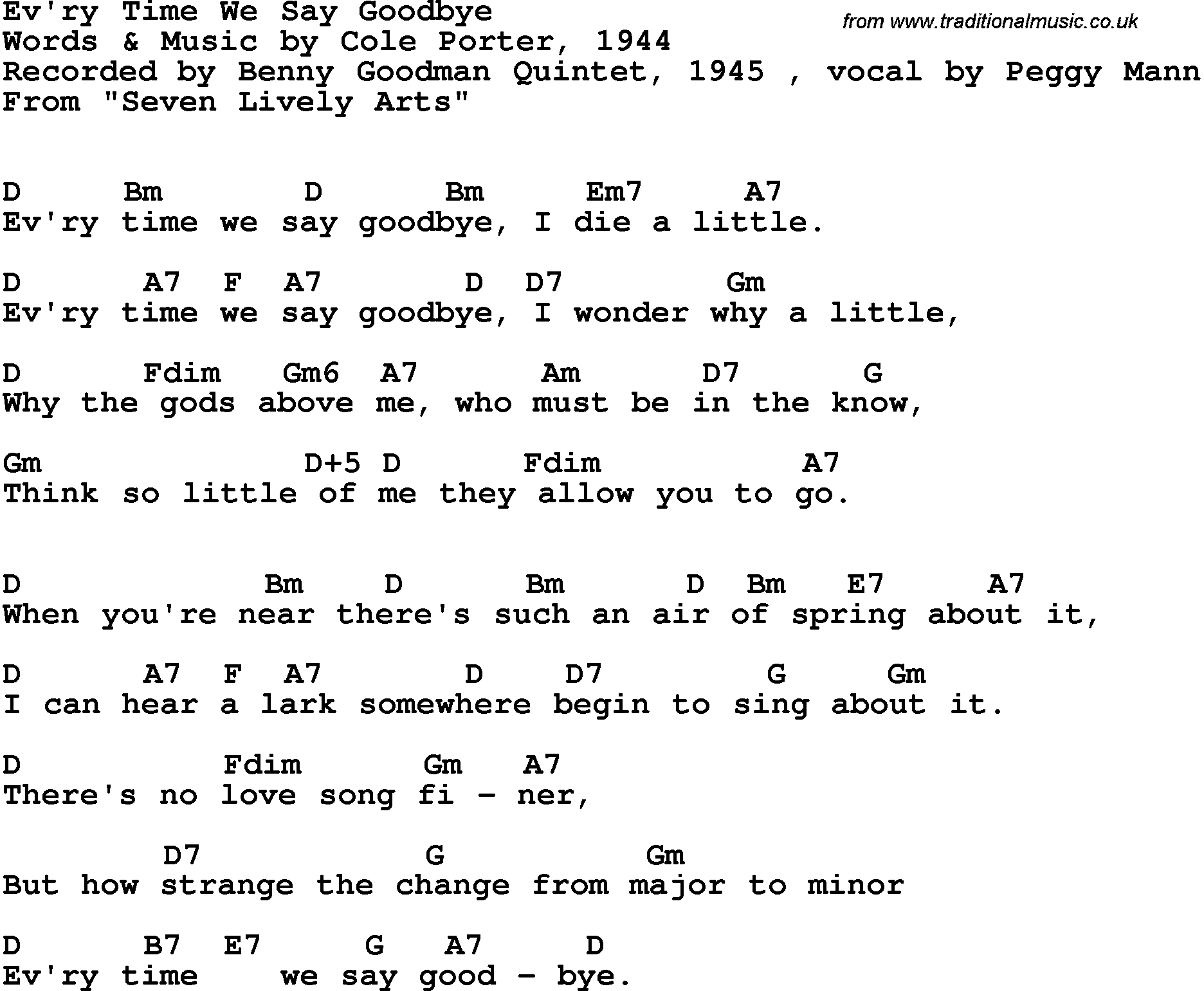 Song Lyrics with guitar chords for Ev'ry Time We Say Goodbye - Benny Goodman, 1945