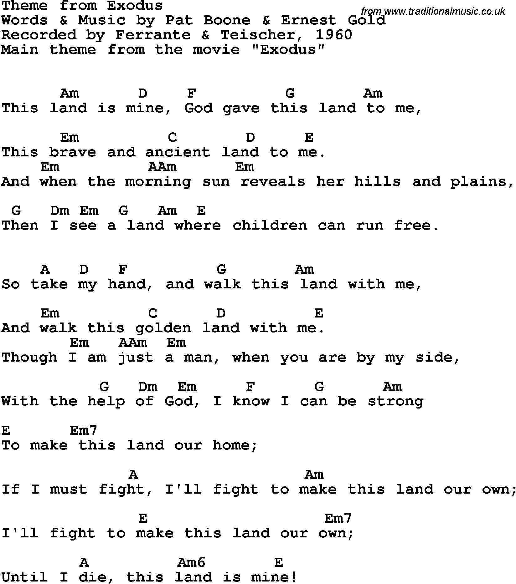 Song Lyrics with guitar chords for Exodus - Ferrante & Teischer, 1960