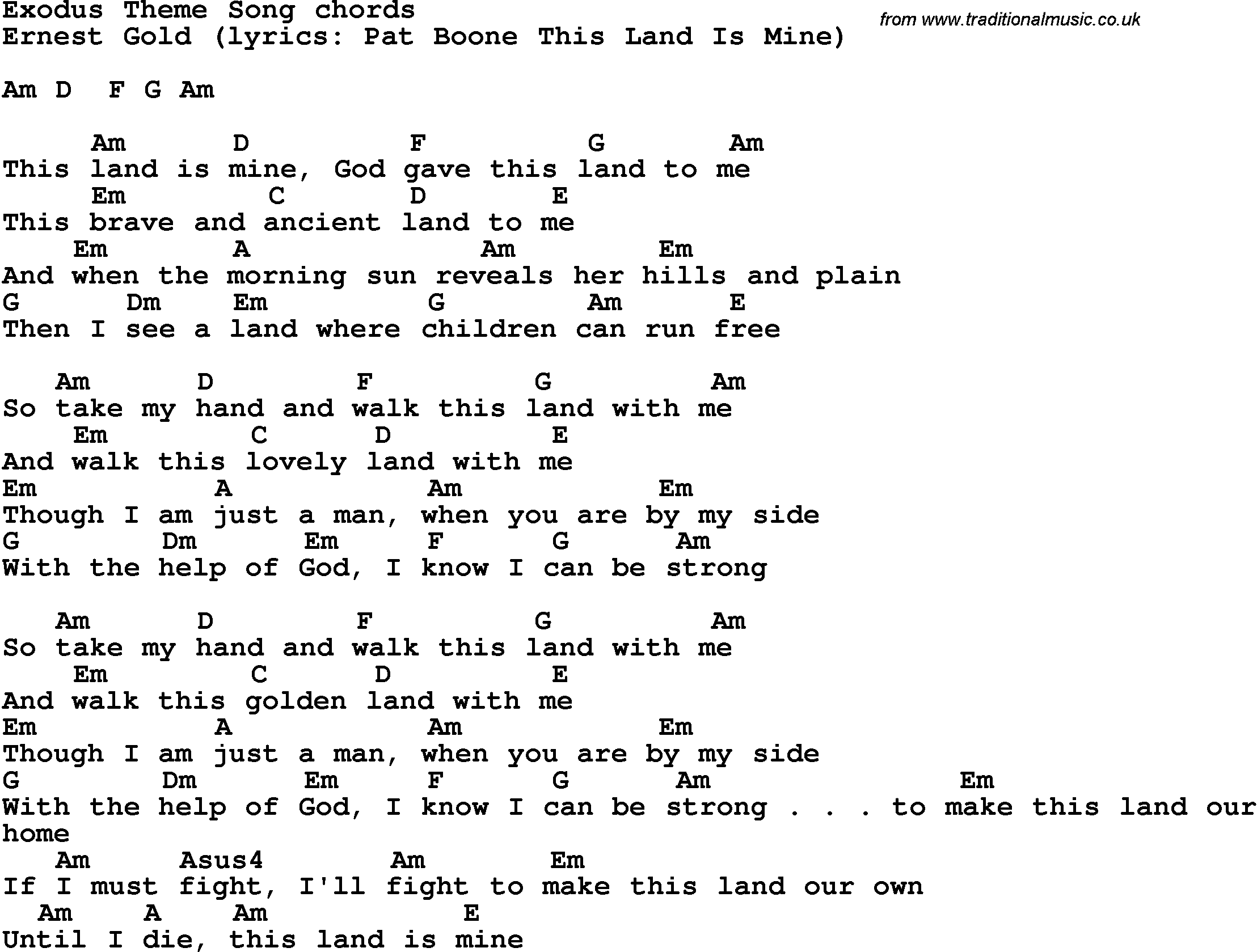 Song Lyrics with guitar chords for Exodus