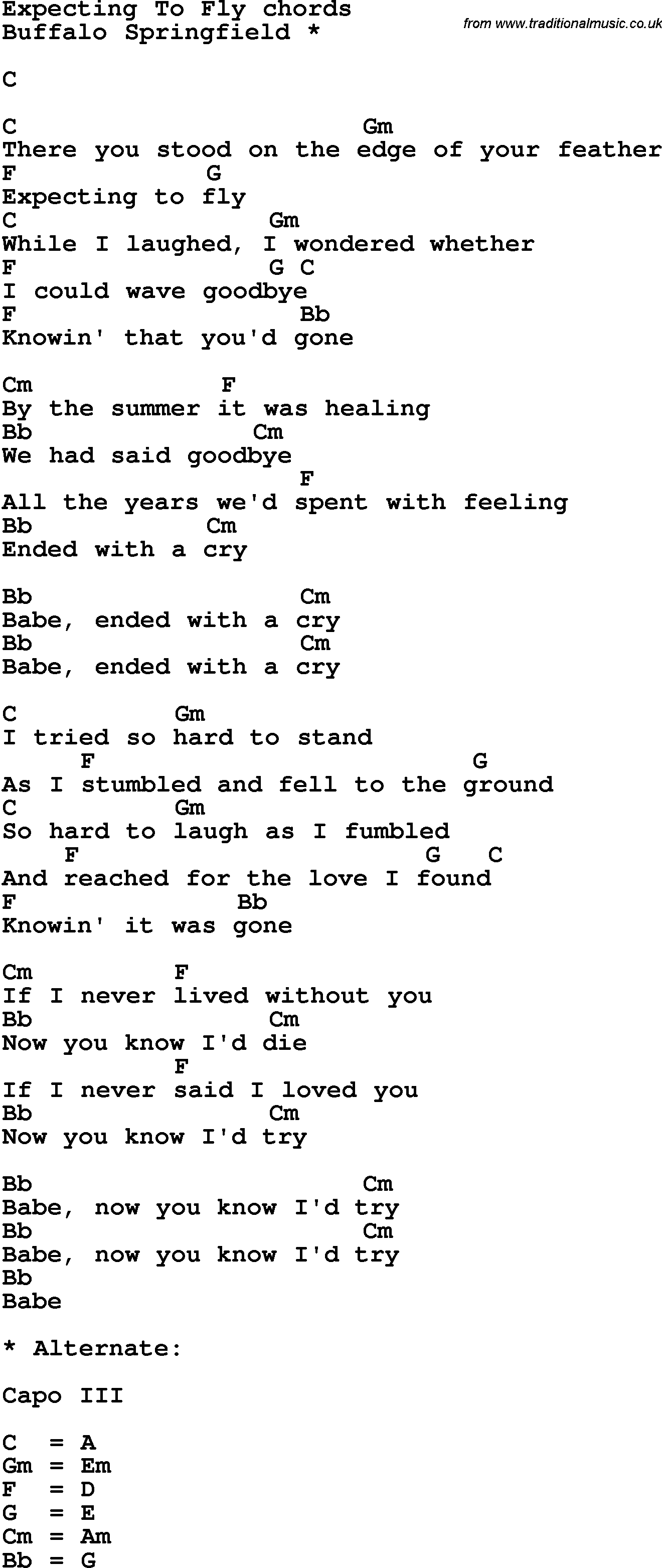 Song Lyrics with guitar chords for Expecting To Fly