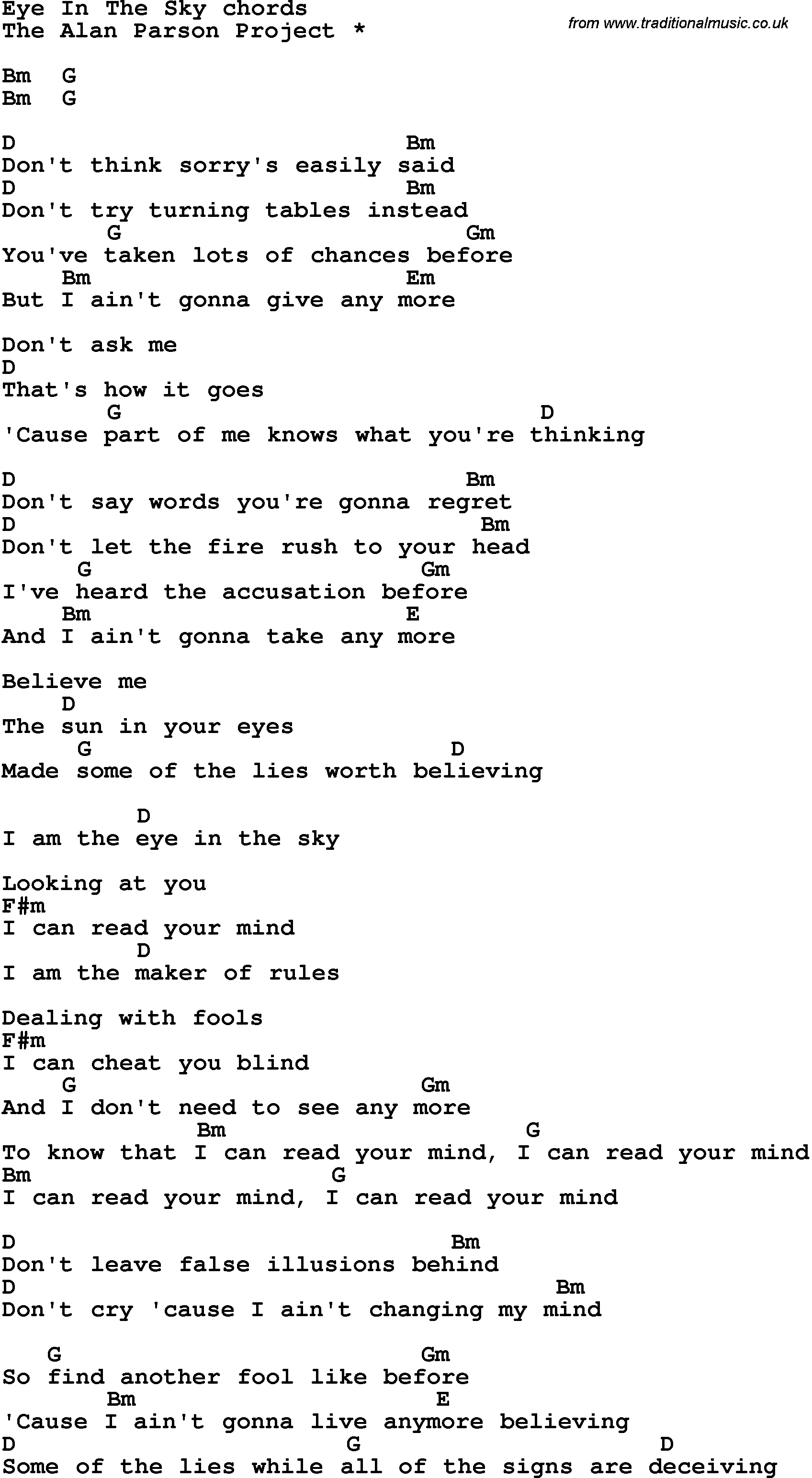 Song Lyrics with guitar chords for Eye In The Sky