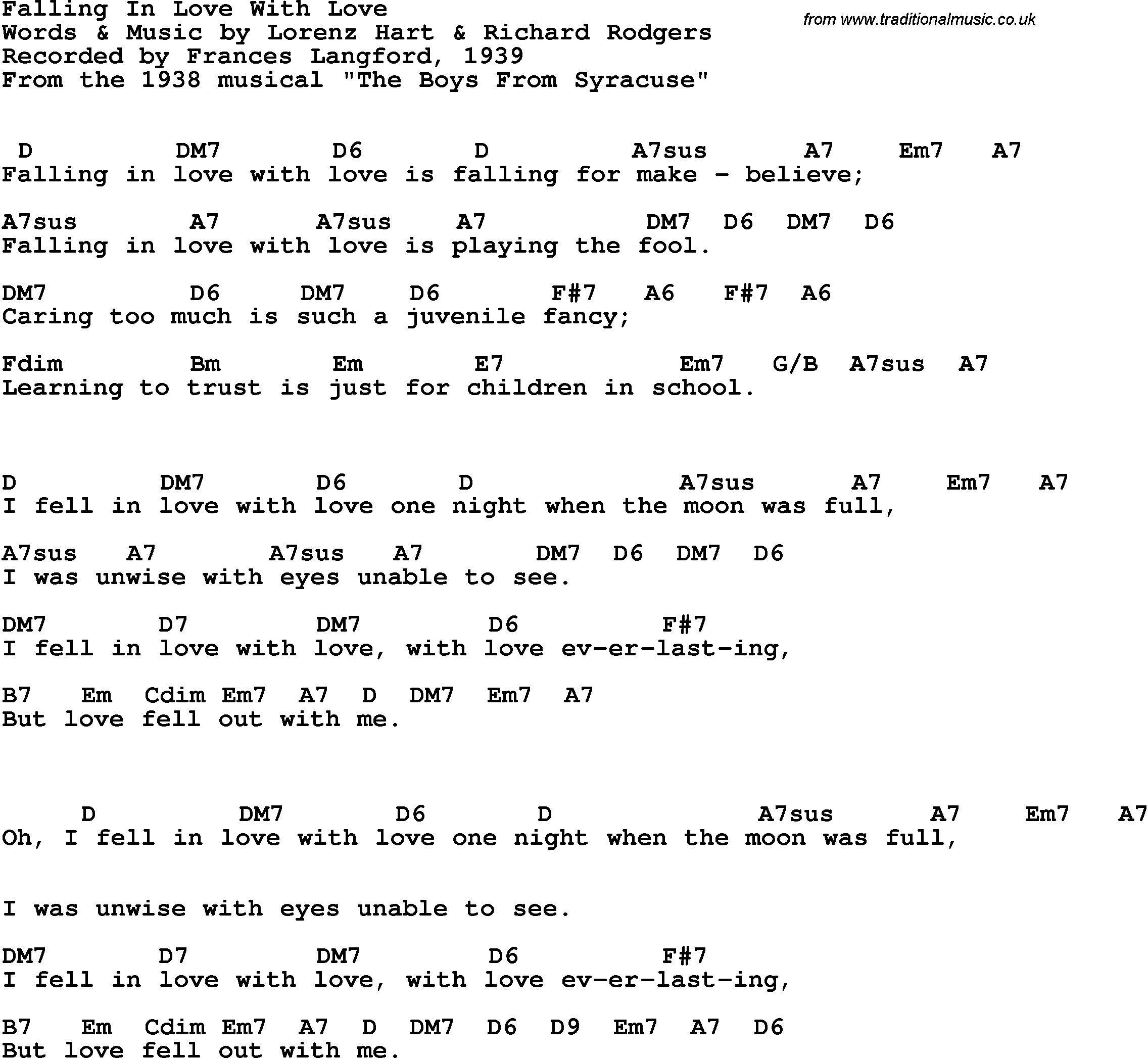 Song Lyrics with guitar chords for Falling In Love With Love - Frances Langford, 1939