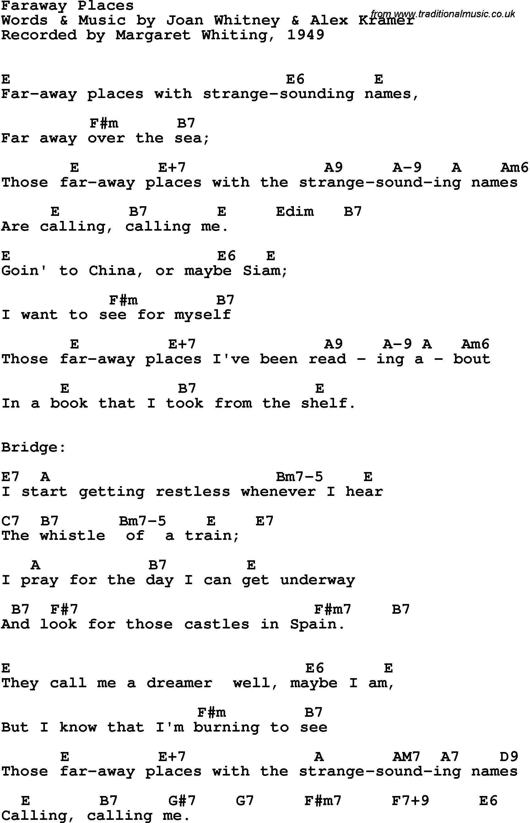Song Lyrics with guitar chords for Far Away Places - Margaret Whiting, 1949