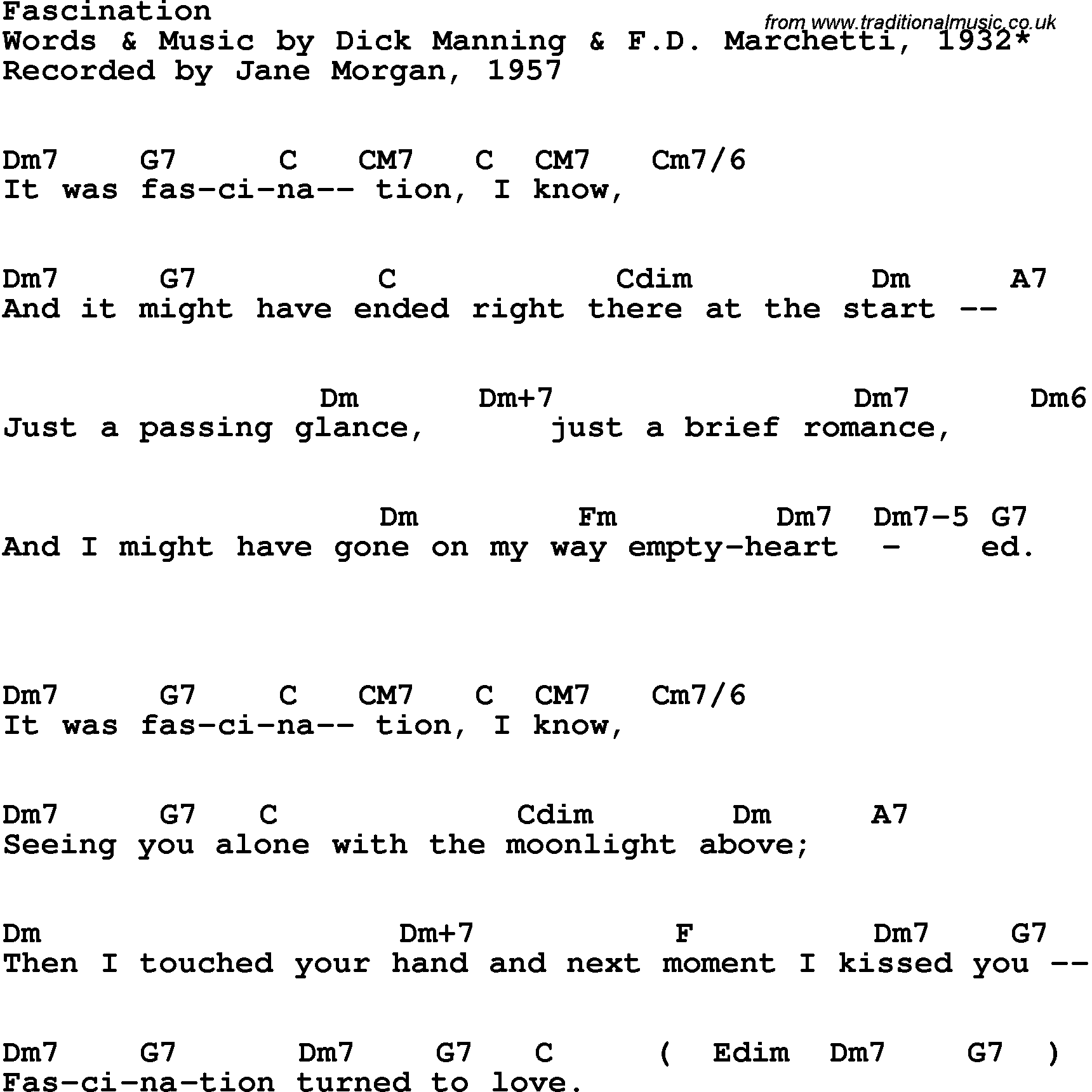 Song Lyrics with guitar chords for Fascination - Jane Morgan, 1957