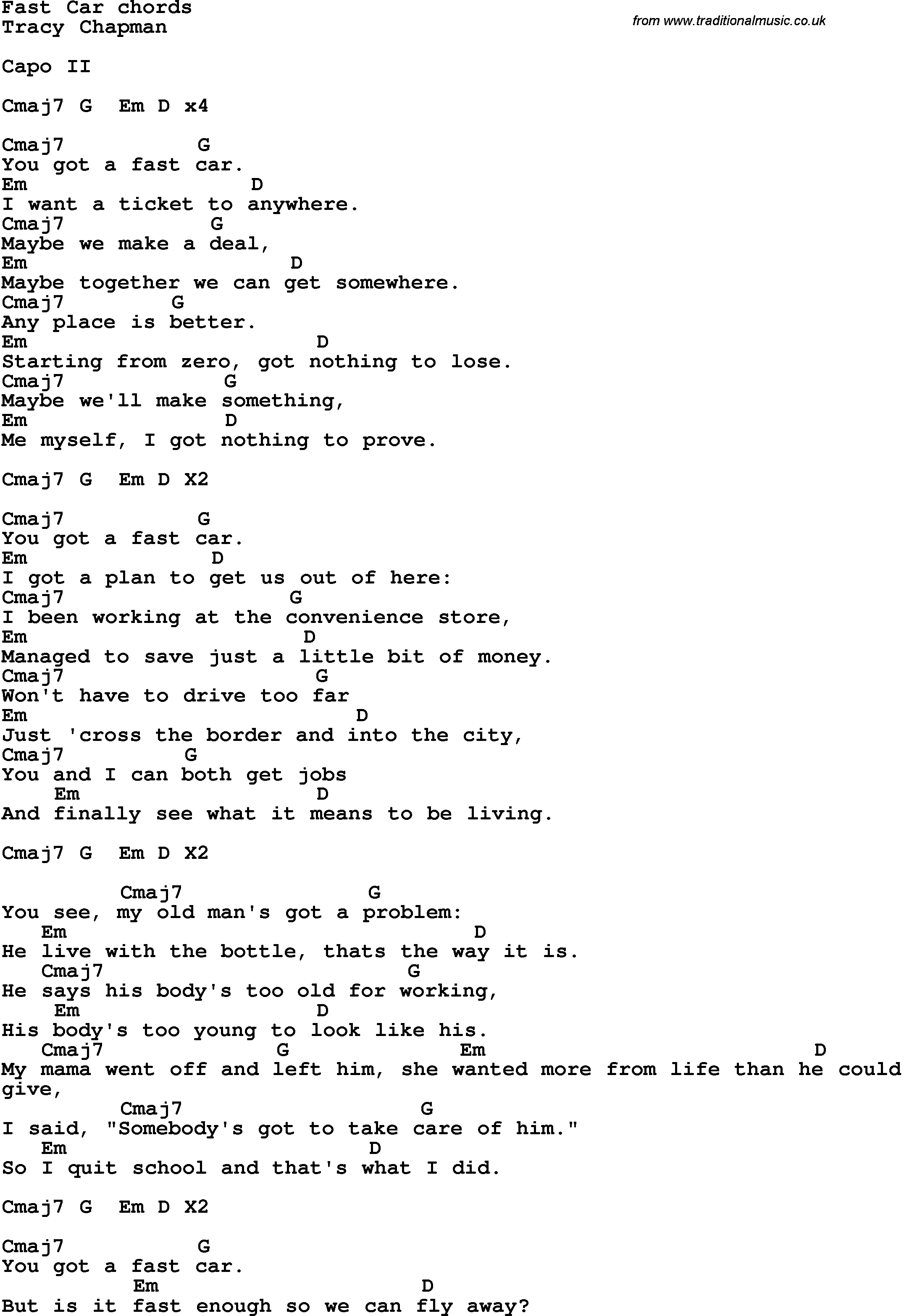 Song Lyrics with guitar chords for Fast Car